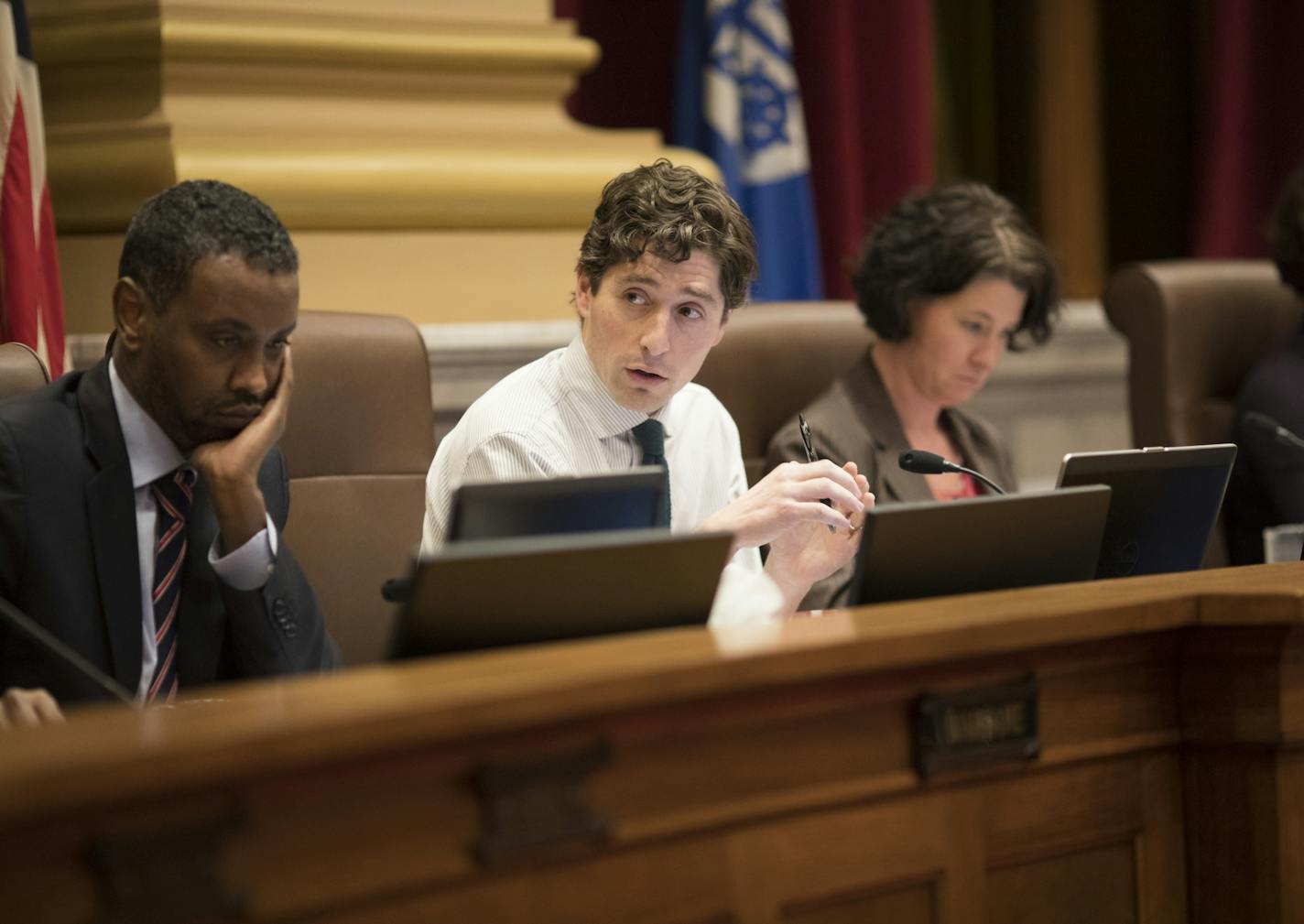 Jacob Frey, Minneapolis City Council Member, 3rd Ward, spoke at a Minneapolis City Council meeting in Minneapolis, Minn., on Tuesday, February 7, 2017.