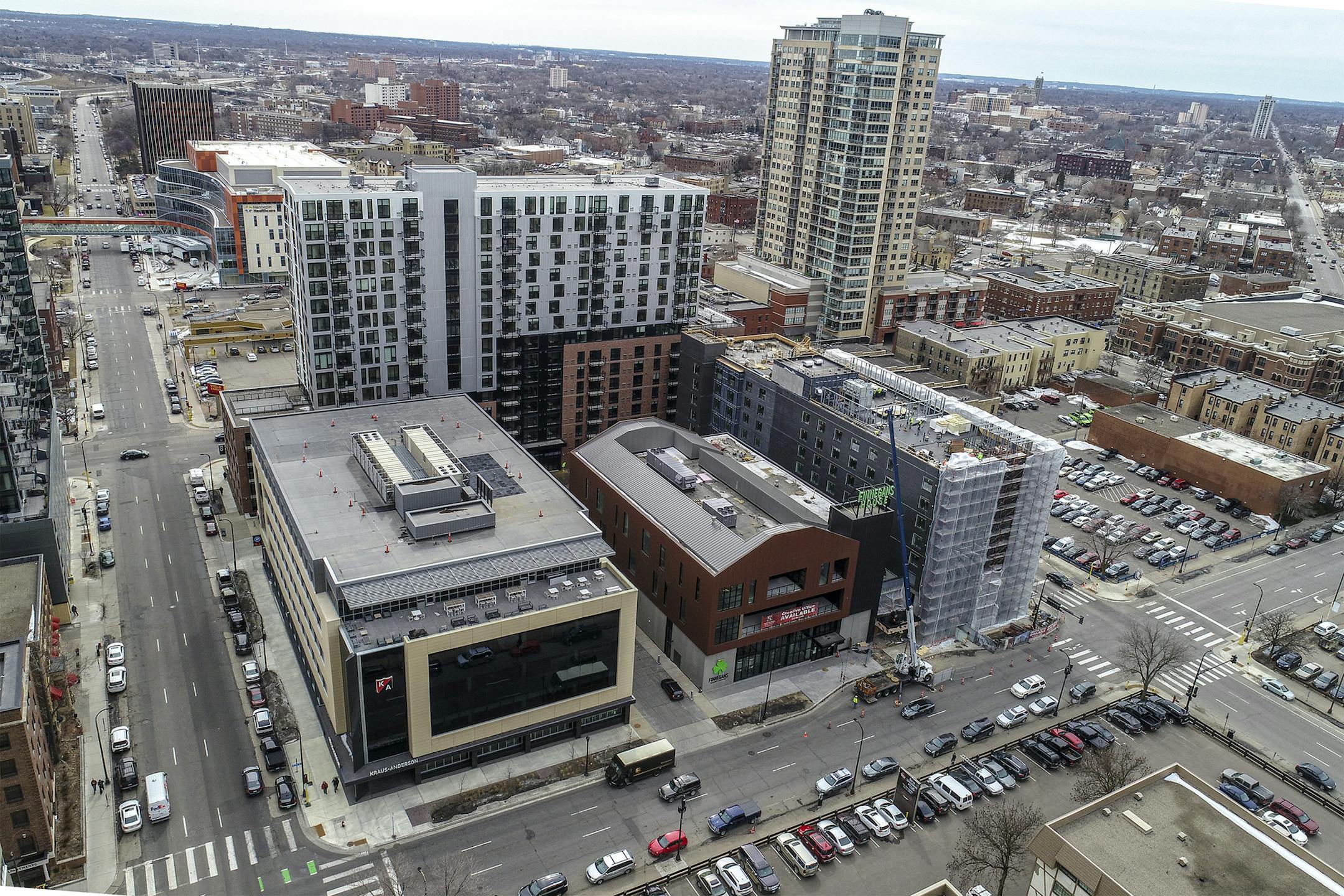 The $125 million-plus redeveloped Kraus-Anderson block, including the K-A headquarters (front, left) and Finnegans House (front, center). Photo: Kraus Anderson