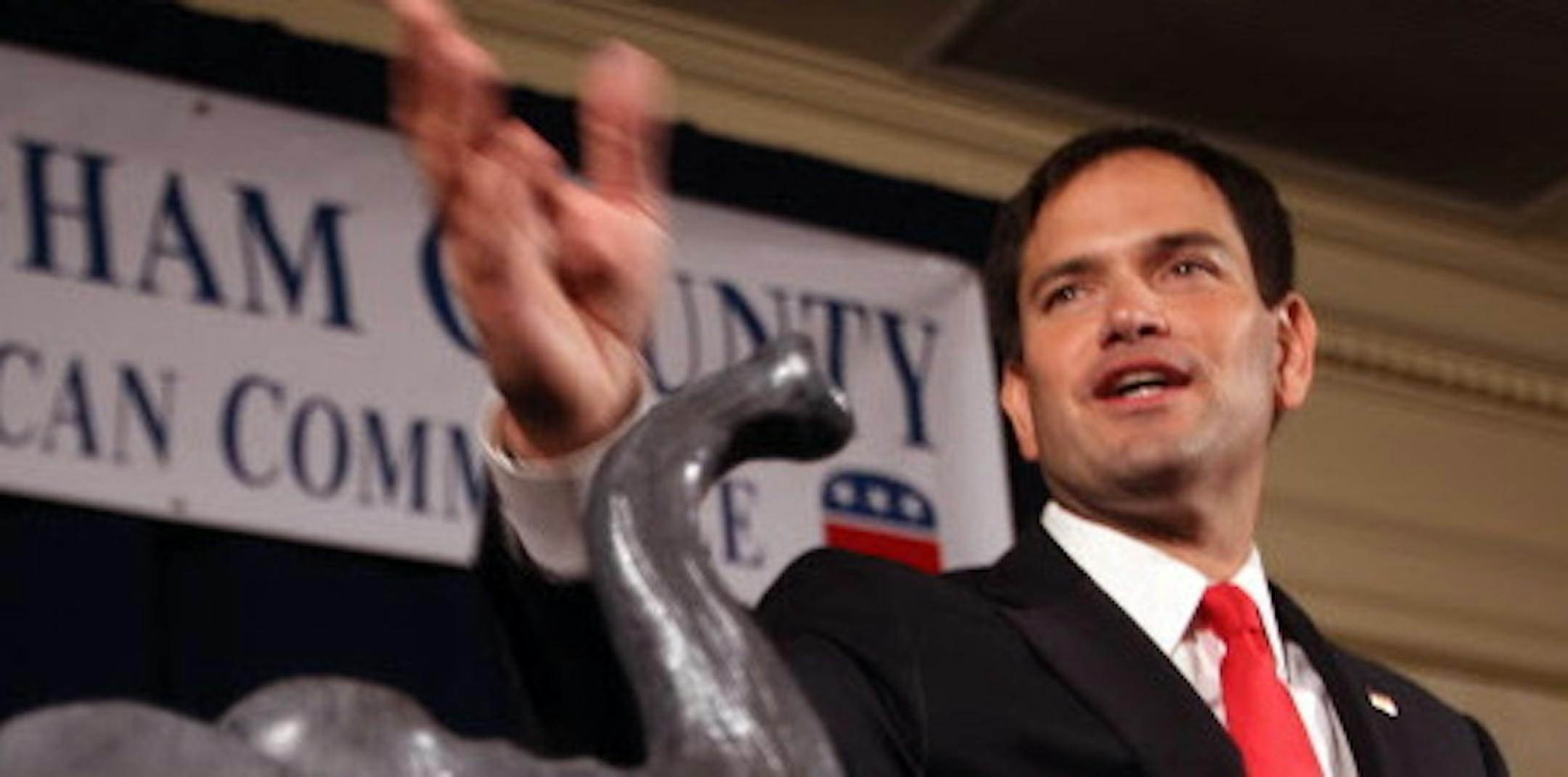U.S. Sen. Marco Rubio, R-Fla., speaks to a group of GOP activist at the Rockingham County Republican Committee's Freedom Founders Dinner, Friday, May 9, 2014 in New Castle, N.H. (AP Photo/Jim Cole)