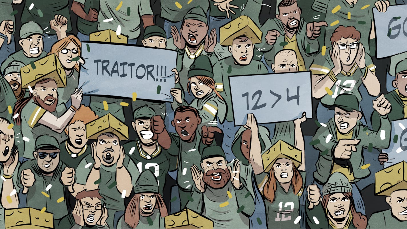 Inside illustration to go with the Oral History of Brett Favre's Arrivale in Minneapolis. This image shows Green Bay Packers fans booing and cheering against Favre and kicker Ryan Longwell. It is based off the 2009 game at Lambeau Field. Publication date is August 18, 2019. Illustration by Rafa Alvarez, Special to the Star Tribune