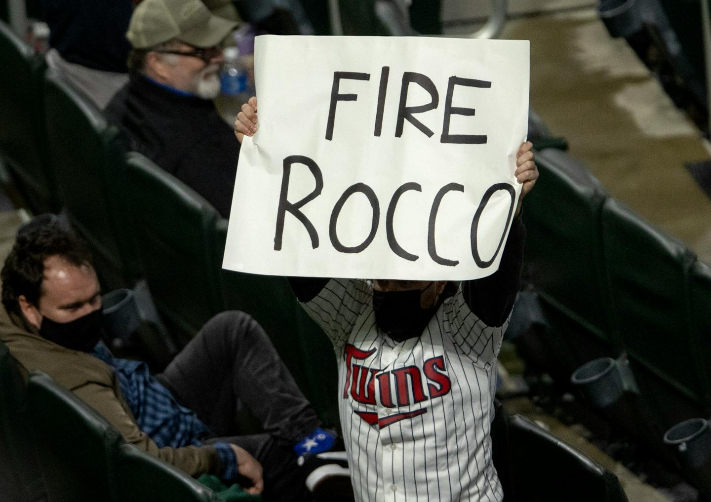 A fan in the stands held up a 'Fire Rocco' sign during Wednesday night's loss, referring to Twins manager Rocco Baldelli