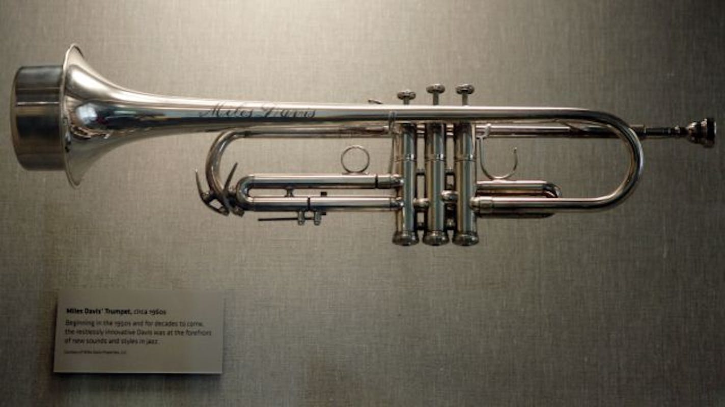 Miles Davis' trumpet, circa 1960s, is displayed at the Grammy Museum in Los Angeles. Photo: Ric Francis/Associated Press