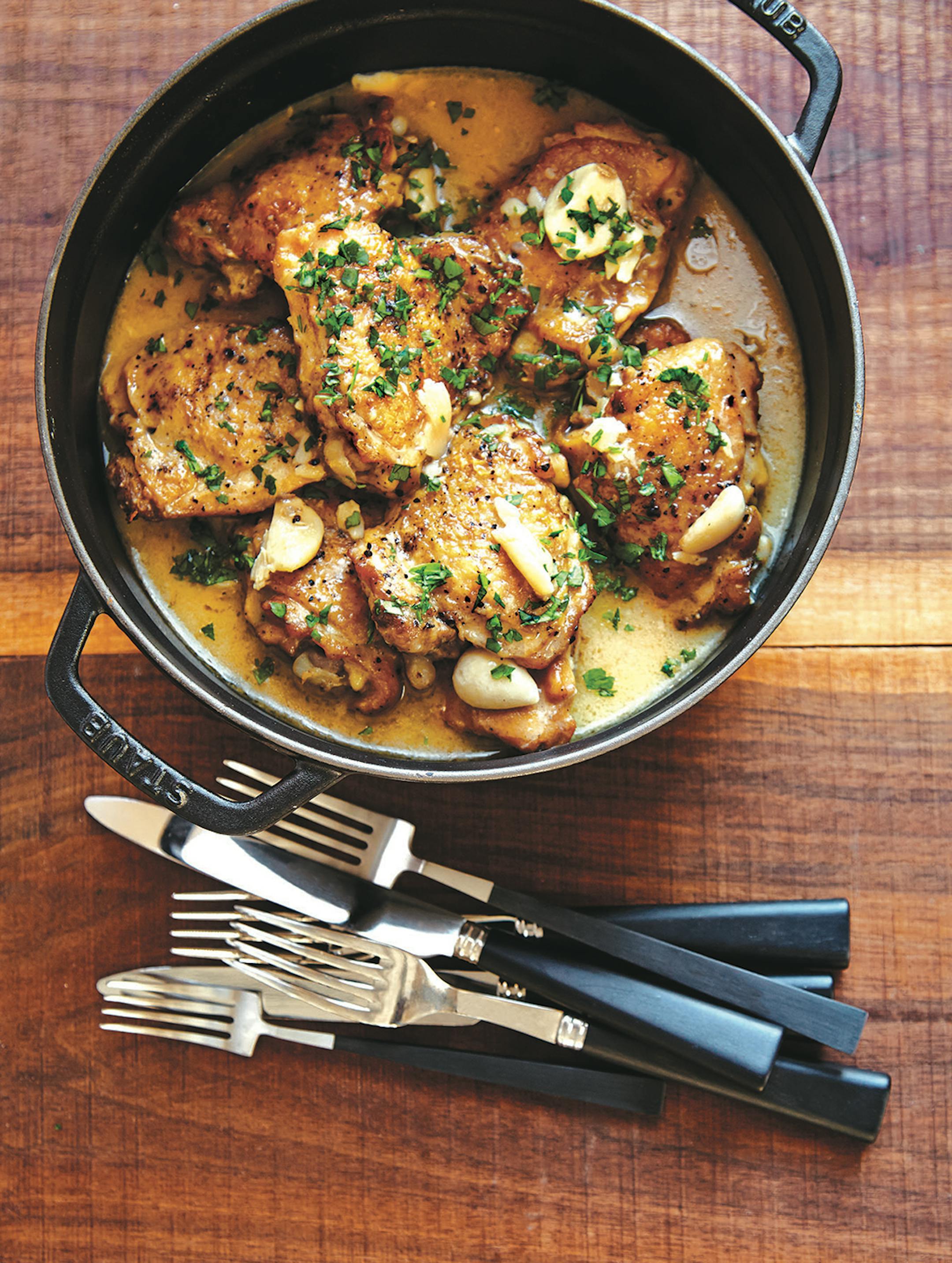 Chicken with champagne and 40 cloves of garlic from "Essential Emeril."