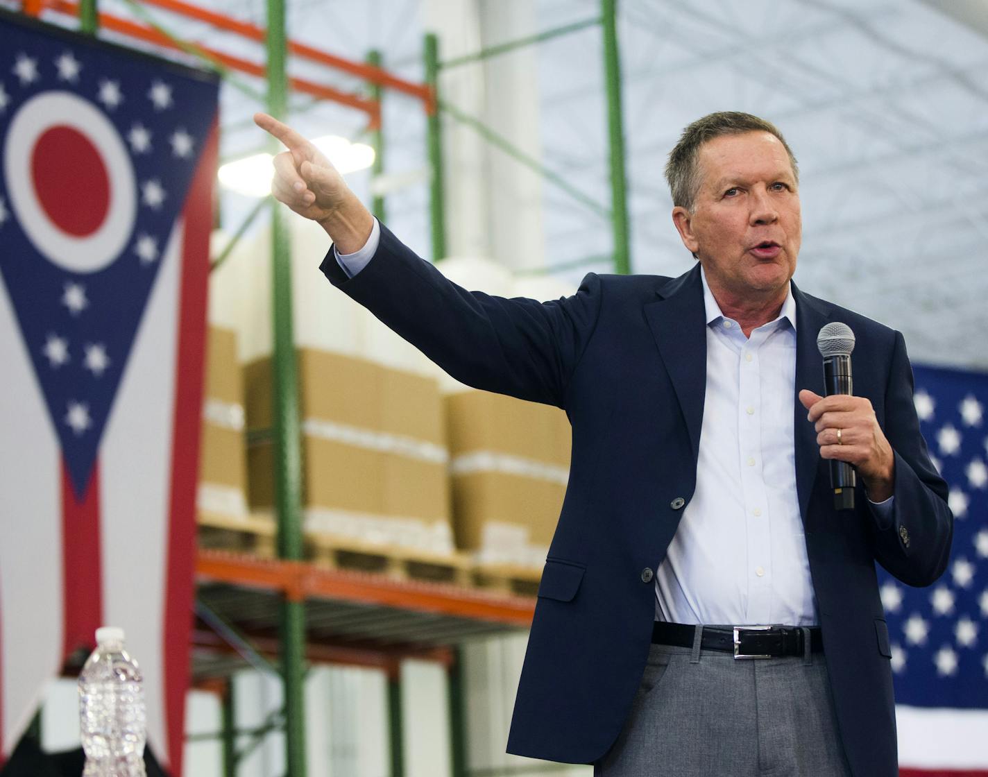 Republican presidential candidate Ohio Gov. John Kasich speaks during a campaign stop on Saturday, March 12, 2016, at Xperion Energy & Environment in Heath, Ohio. (AP Photo/Matt Rourke)