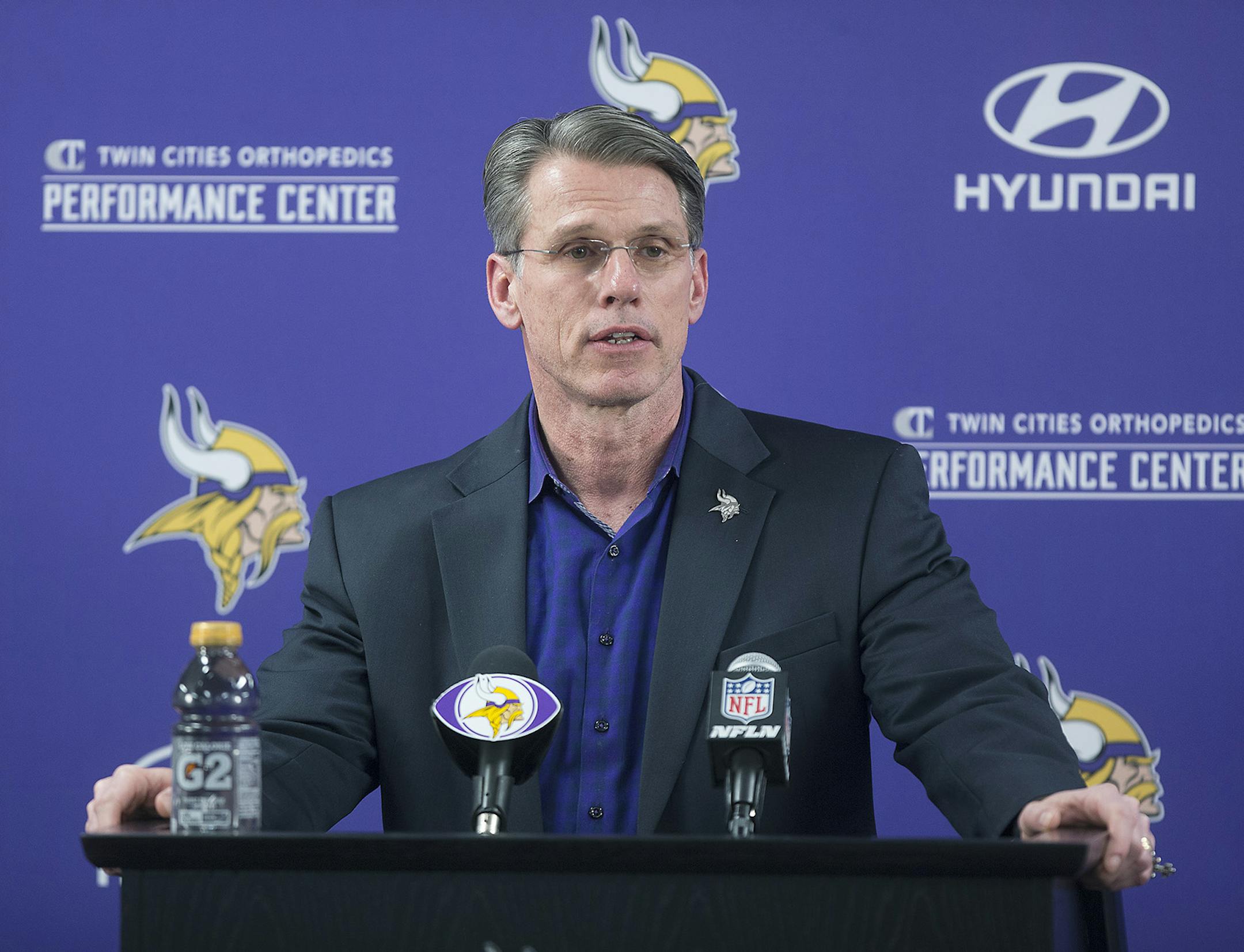 Minnesota Vikings general manager Rick Spielman introduced Kirk Cousins during a press conference at the Vikings TCO Performance Center, Thursday, March 15, 2018 in Eagan, MN. ] ELIZABETH FLORES ï liz.flores@startribune.com