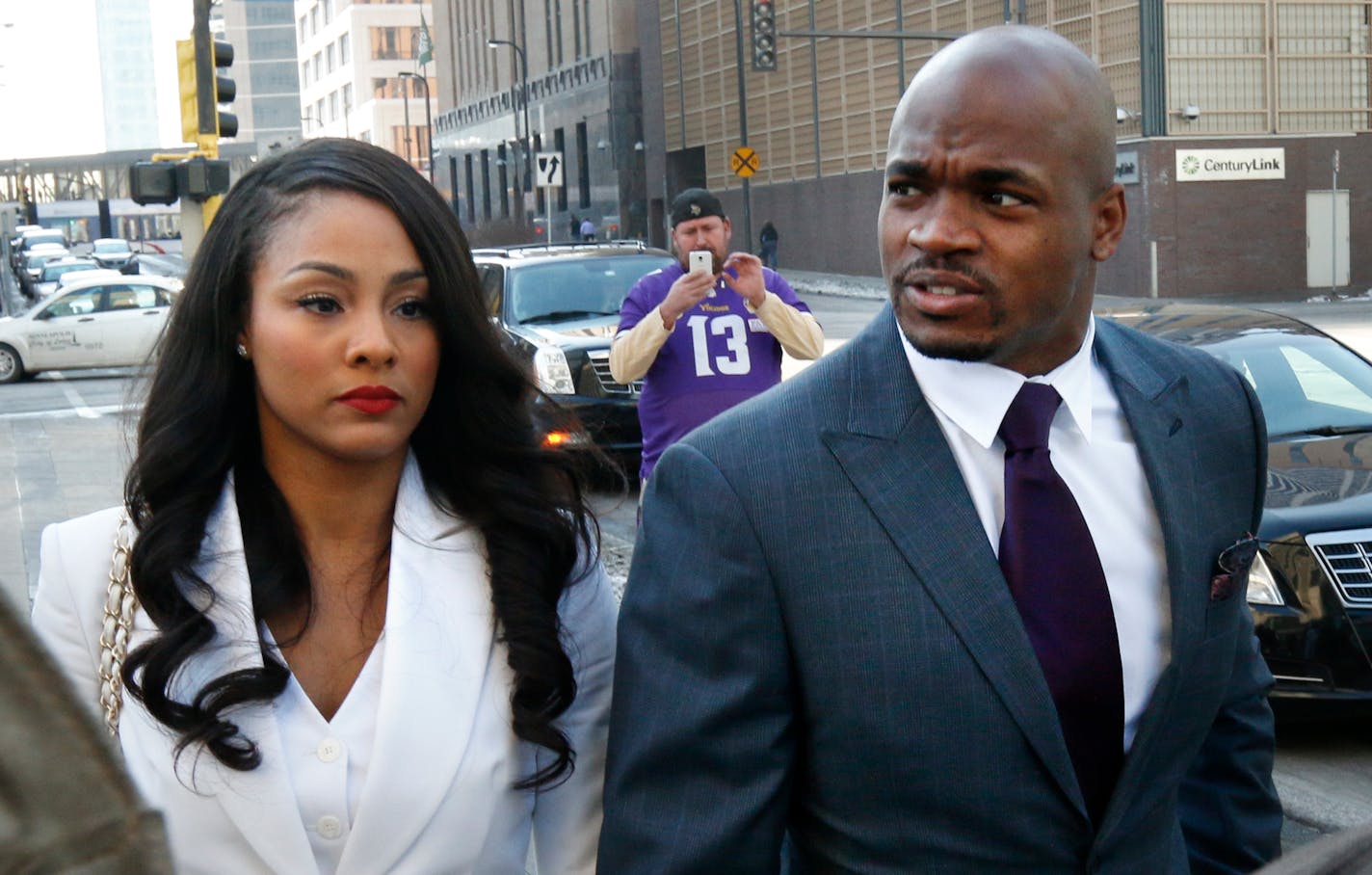 Adrian Peterson and his wife Ashley were greeted by fans and the media outside the Federal Court House in Minneapolis Friday afternoon. ] Adrian Peterson and his wife, Ashley, were present in the packed courtroom at U.S. District Court in downtown Minneapolis for the hearing, which lasted just over an hour. The hearing marked the first time attorneys for the NFL and the NFL Players Association (NFLPA), which is suing on behalf of Peterson, made their case in person to U.S. District Judge David D