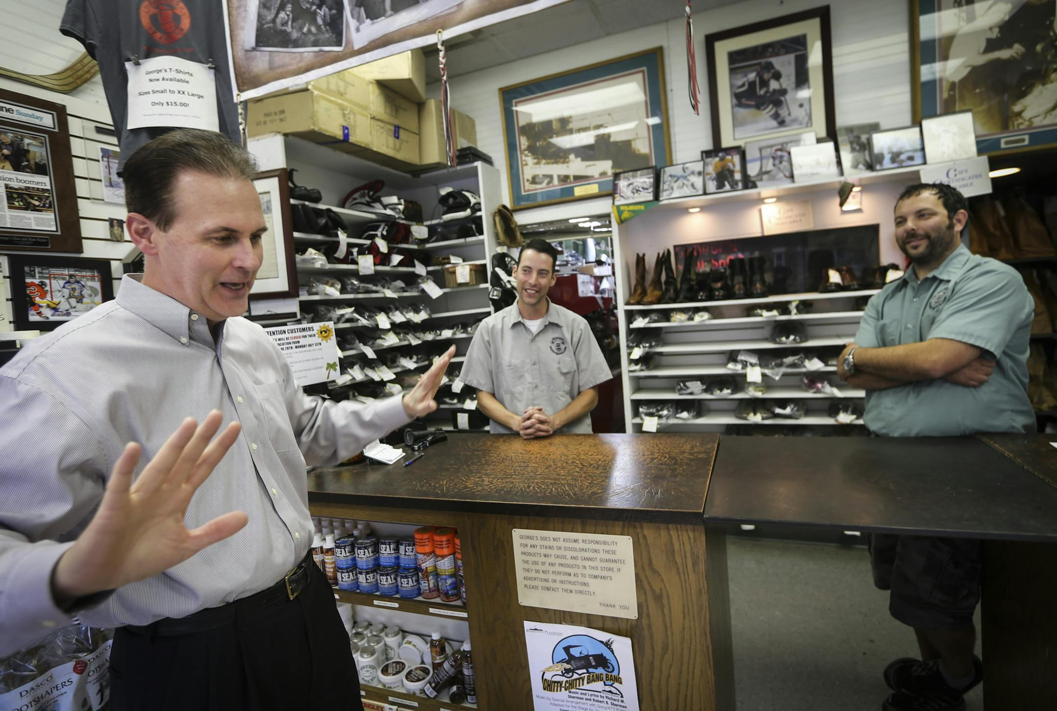 CEO Lee Schram of Deluxe Corp chatted about skating with George's Shoe Repair owners Chris George and Brian George at their shop on Grand Avenue near Schram's St. Paul home. Georege's is a Deluxe small-business services client and where Schram goes for shoe-and-skate repairs. RENEE JONES SCHNEIDER &#x2022; reneejones@startribune.com