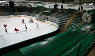 Breakaway Academy 5th-graders practice hockey at Edina’s Braemar Arena in February 2022. The city is looking to collect more sales tax to pay for up