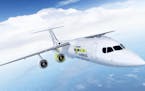 The artist rendering provided by Airbus on Tuesday, Nov. 28, 2017 shows an Airbus e-FanX hybrid test plane. The aircraft will be flying with one elect
