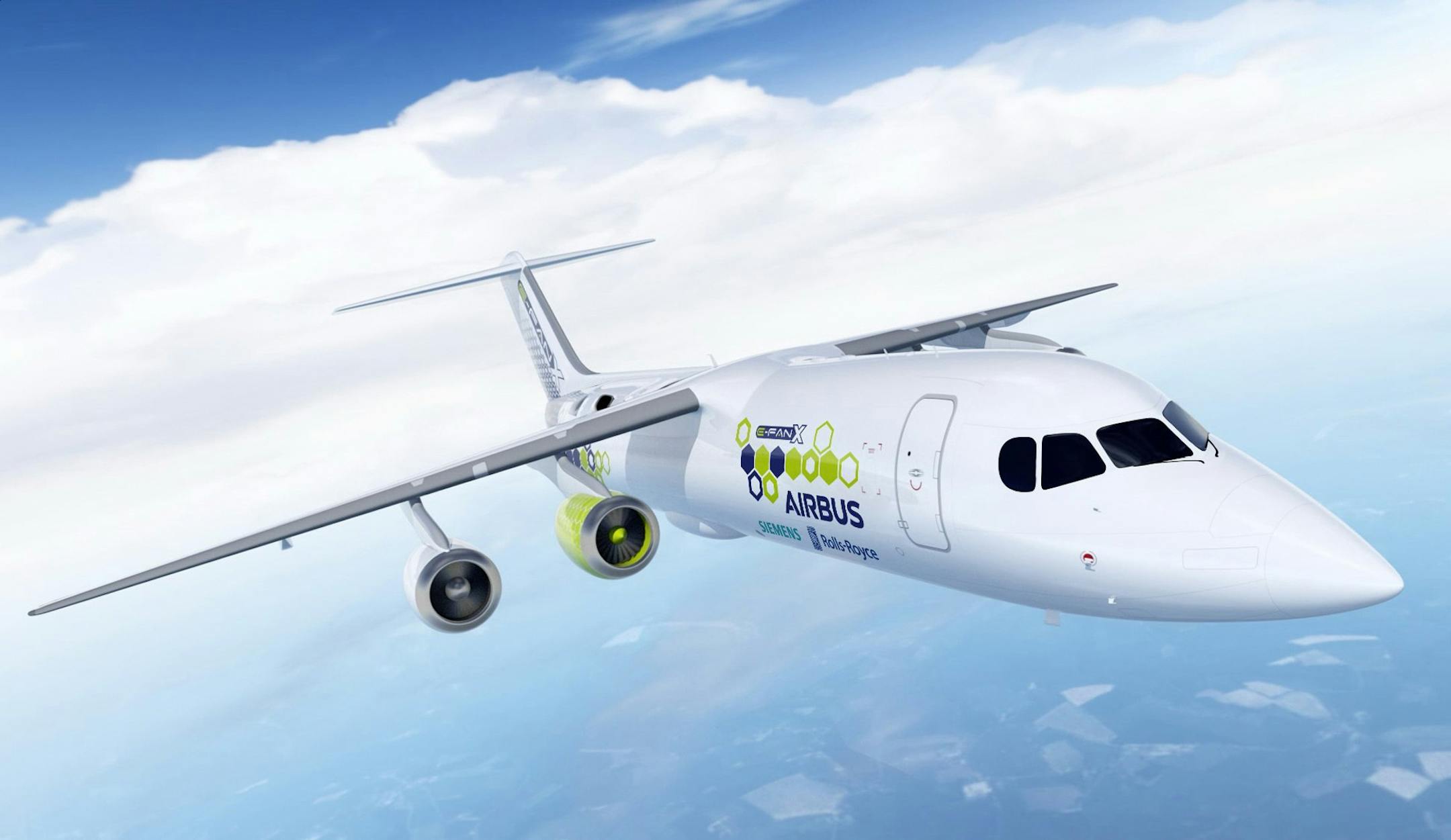 The artist rendering provided by Airbus on Tuesday, Nov. 28, 2017 shows an Airbus e-FanX hybrid test plane. The aircraft will be flying with one electric turbofan motor and 3 conventional engines. The electric power for the electric engine is being produced by a turbine within the plane that serves as a generator. (Airbus via AP) ORG XMIT: FOS801