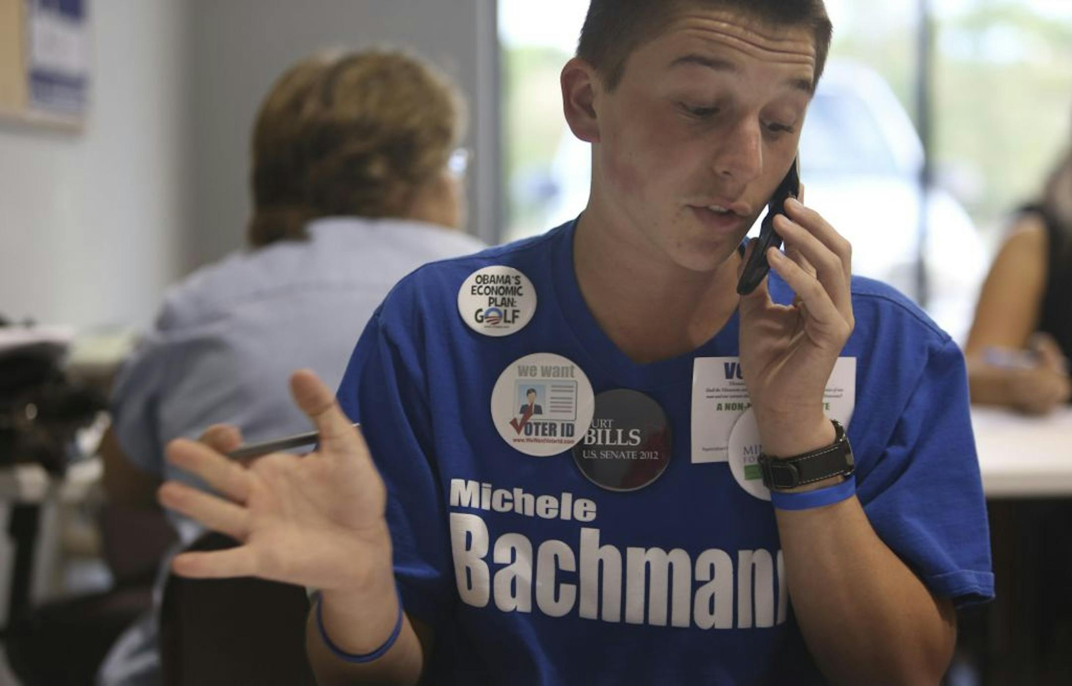 Anoka High student Nathan Lukasavitz, 15, made the case over the phone for Republican U.S. Rep. Michele Bachmann from her campaign headquarters in Blaine.