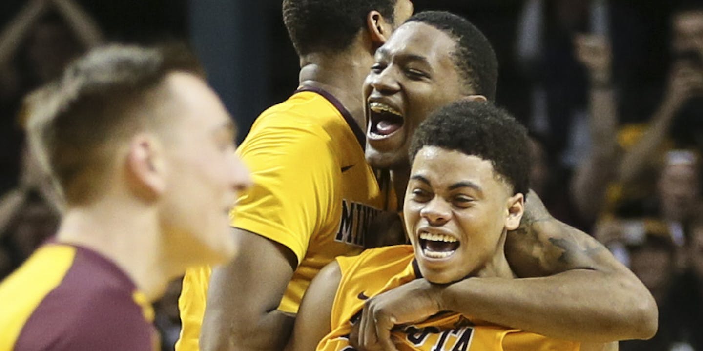 The Gophers celebrated their first Big Ten win over Maryland 68-63. ] RENEE JONES SCHNEIDER &#x2022; reneejones@startribune.com The Minnesota Gophers hosted the Maryland Terrapins at Williams Arena at the University of Minnesota on Thursday, February 18, 2016, in Minneapolis, Minn.