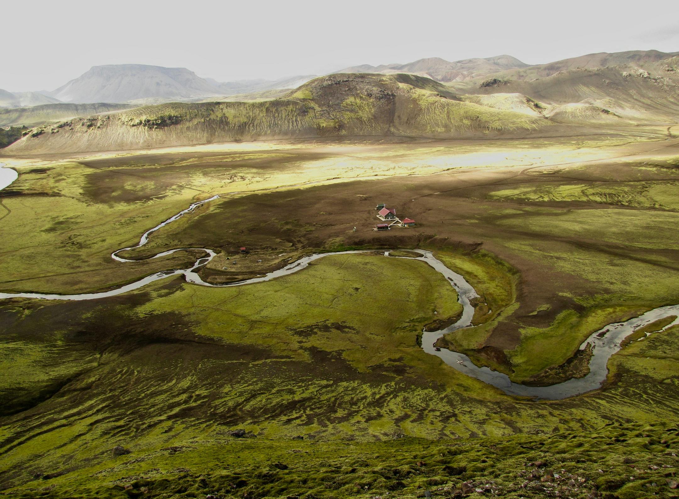 Hikers on the Laugavegur Trail catch their first glimpse of the hut at &#xa1;lftavatn Lake from on high.
Photo by Melanie Radzicki McManus * Special to the Star Tribune