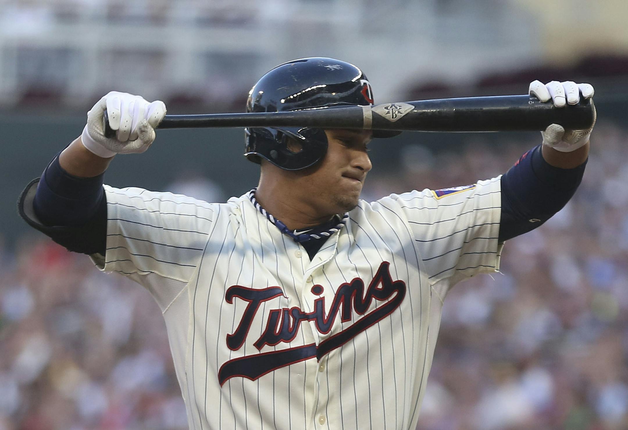Twins Oswaldo Arcia got upset after striking out at Target Field during the Jaly 3 game against the Yankees.