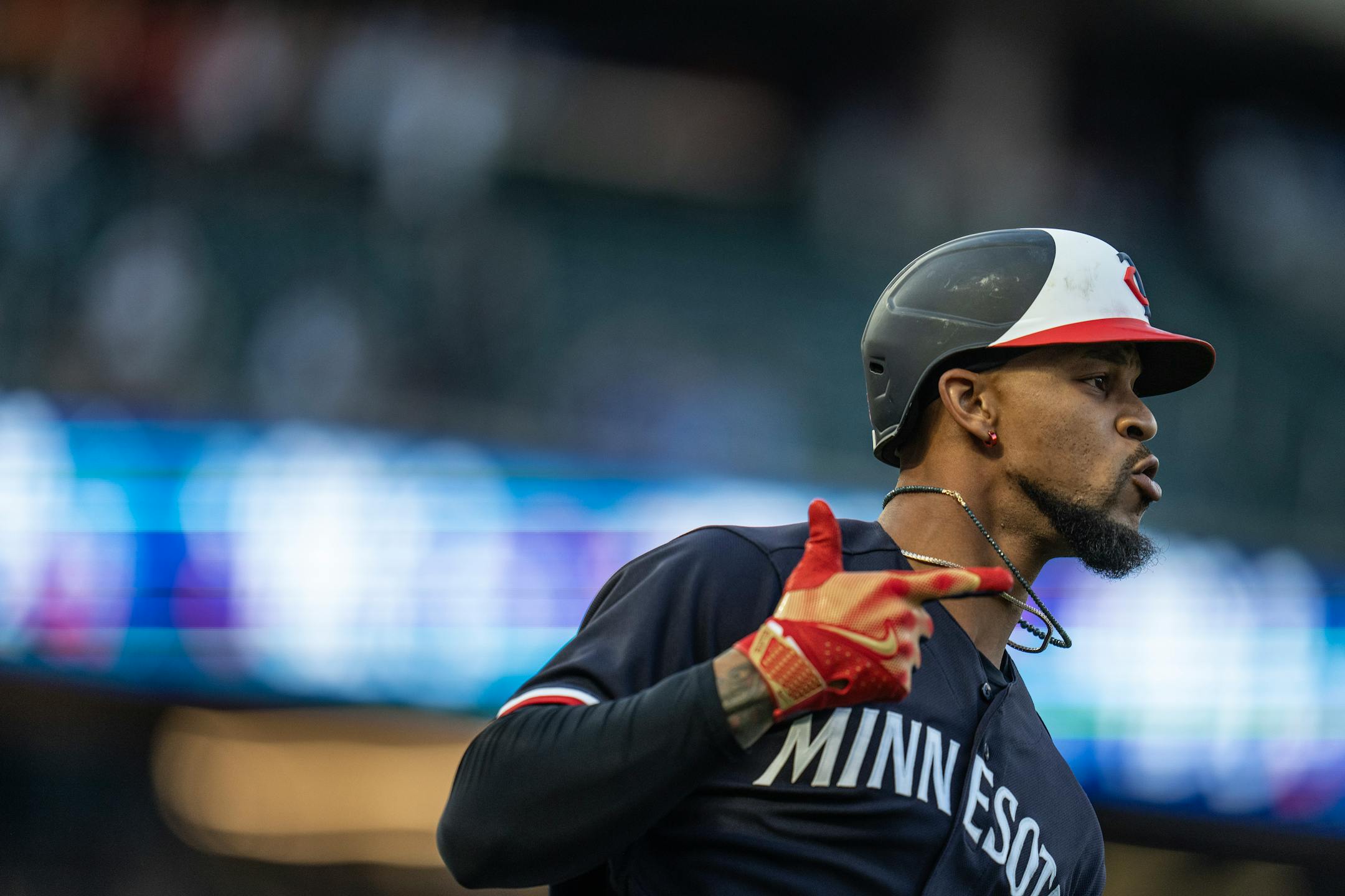 Minnesota Twin DH Byron Buxton (25) celebrated his 100th career home run in the first inning Tuesday April 11,2023 in Minneapolis, Minn.] JERRY HOLT • jerry.holt@startribune.come