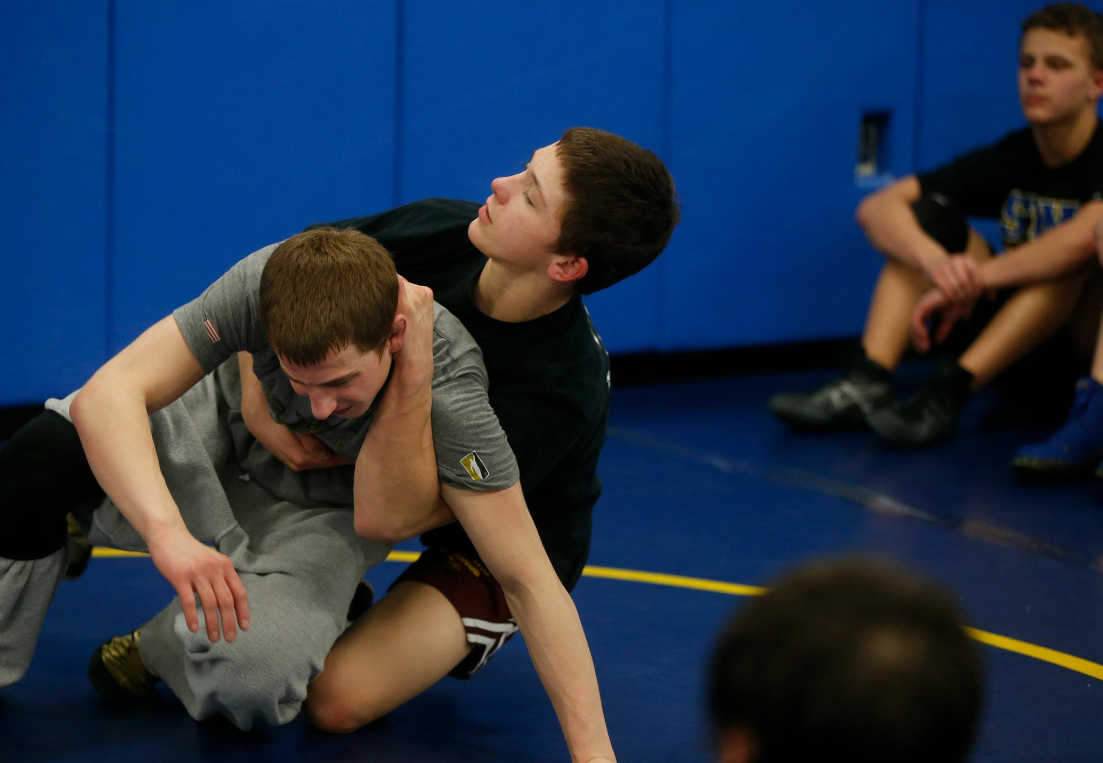 Mitchell McKee right, was showed off the crab hold on fellow wrestler Tommy Thorn.