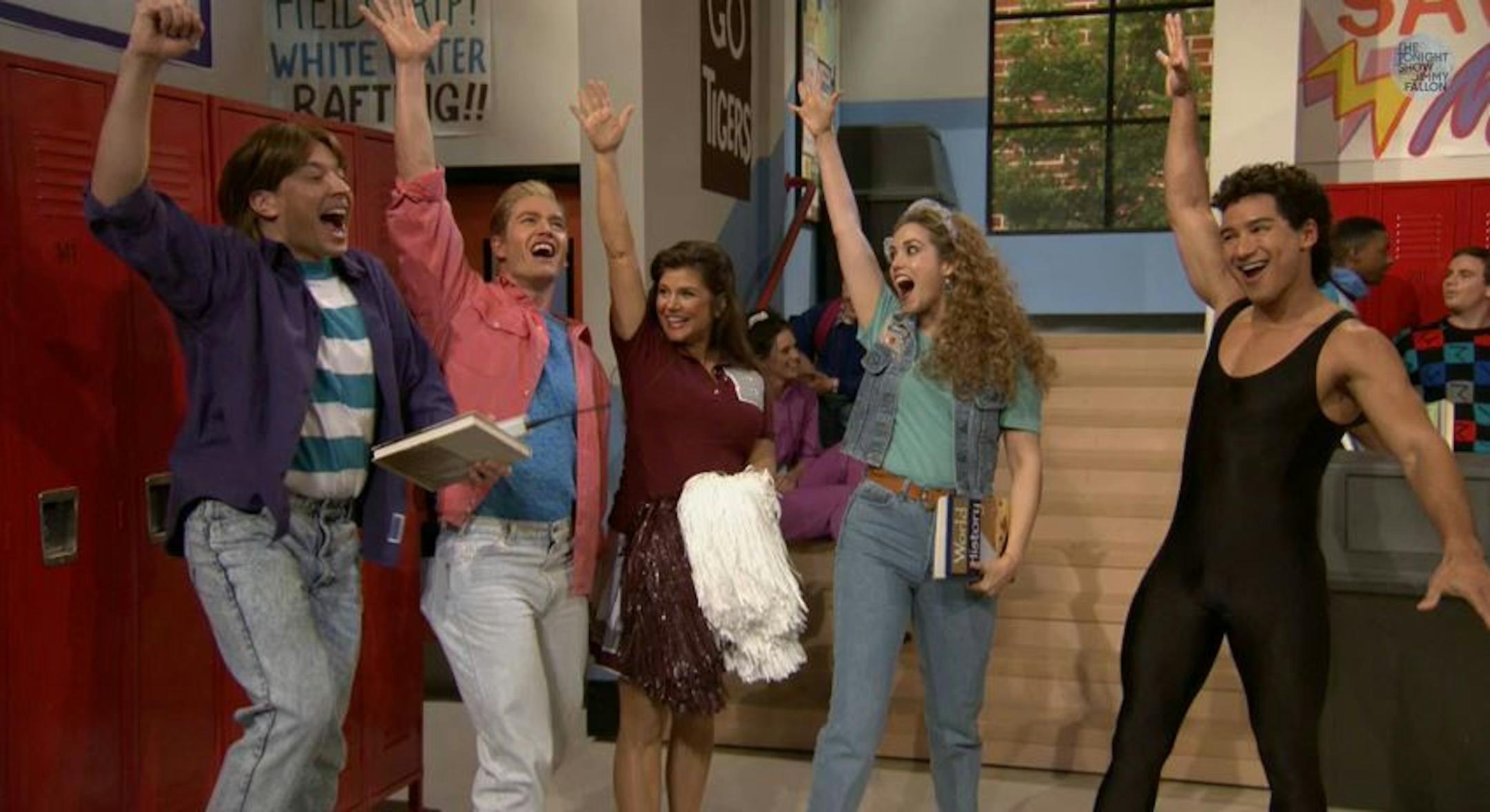 The "Saved by the Bell" cast with Jimmy Fallon, left, on "The Tonight Show."