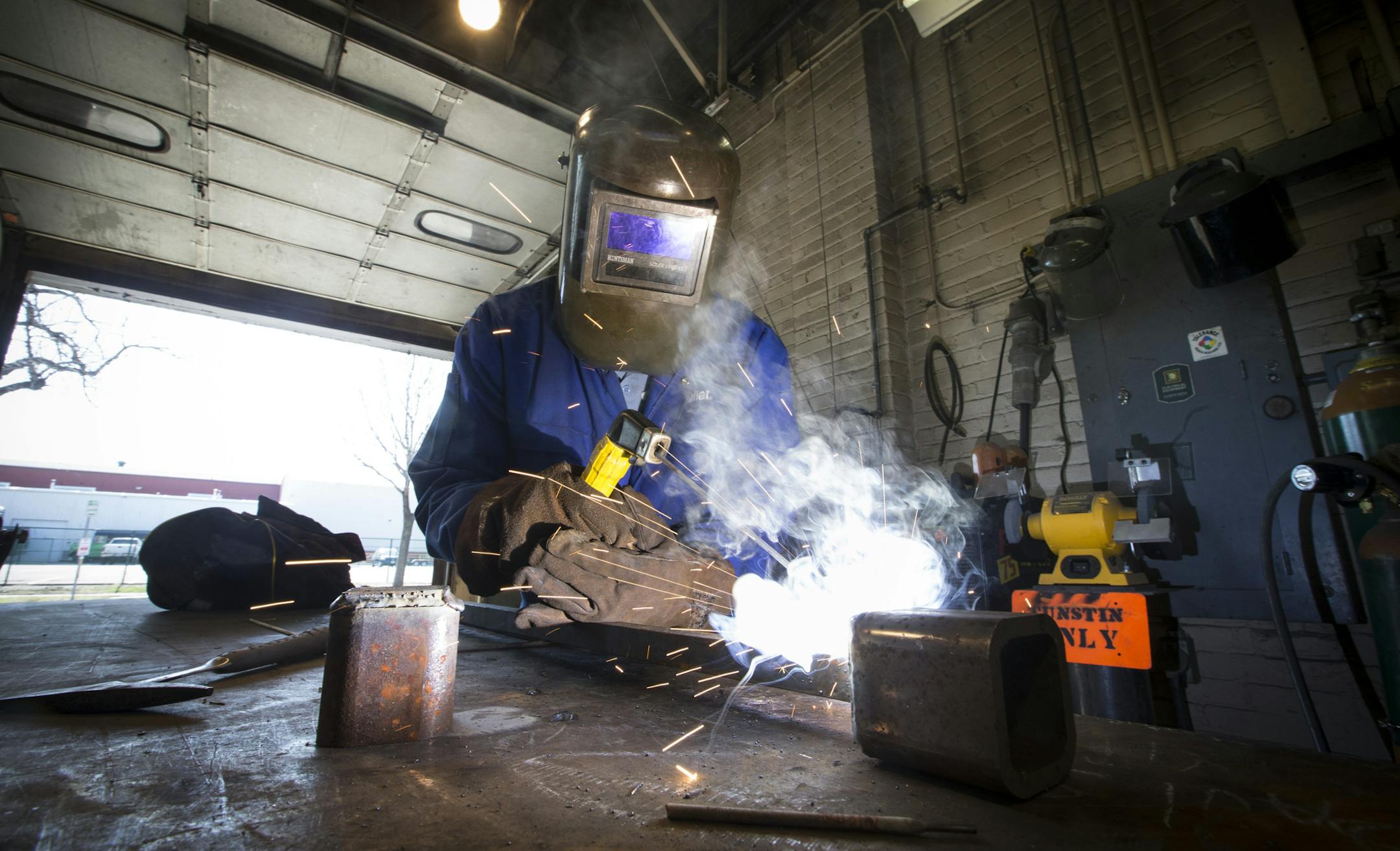 Metal fabricator/welding specialist Nick Bounds welded a part at the Minneapolis Water Works Eastside Yard in Minneapolis, Minn., on Friday, April 16, 2015. ] RENEE JONES SCHNEIDER • reneejones@startribune.com