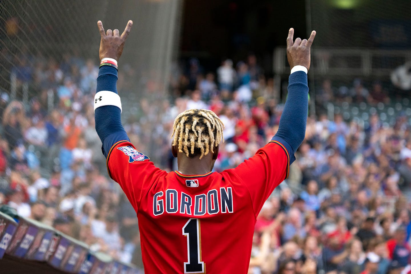 Minnesota Twins center fielder Nick Gordon (1) celebrates after Minnesota Twins shortstop Jorge Polanco (11) hit a home run in the first inning against the Kansas City Royals Friday, May 27, 2022 at Target Field in Minneapolis. ]