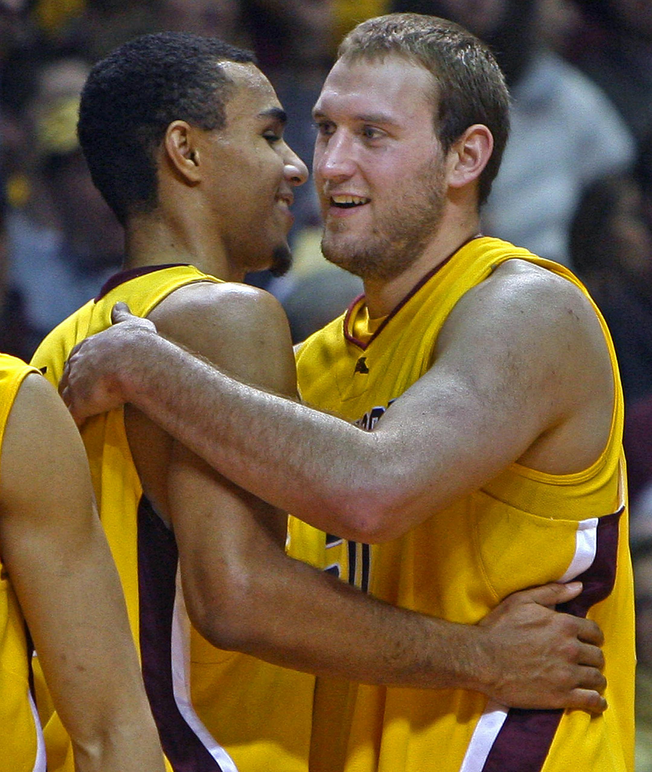 JIM GEHRZ � jgehrz@startribune.com Minneapolis/March 1, 2008/3:30PM] Minnesota seniors Spencer Tollackson (right) and Dan Coleman embraced after the Gophers 71-57 win over Ohio State at Williams Arena.