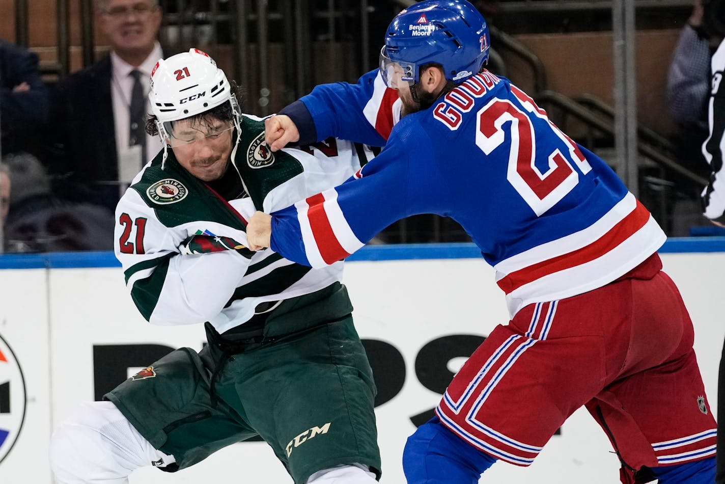 New York Rangers' Barclay Goodrow, right, punches Minnesota Wild's Brandon Duhaime during the first period of an NHL hockey game Thursday, Nov. 9, 2023, in New York. (AP Photo/Frank Franklin II)