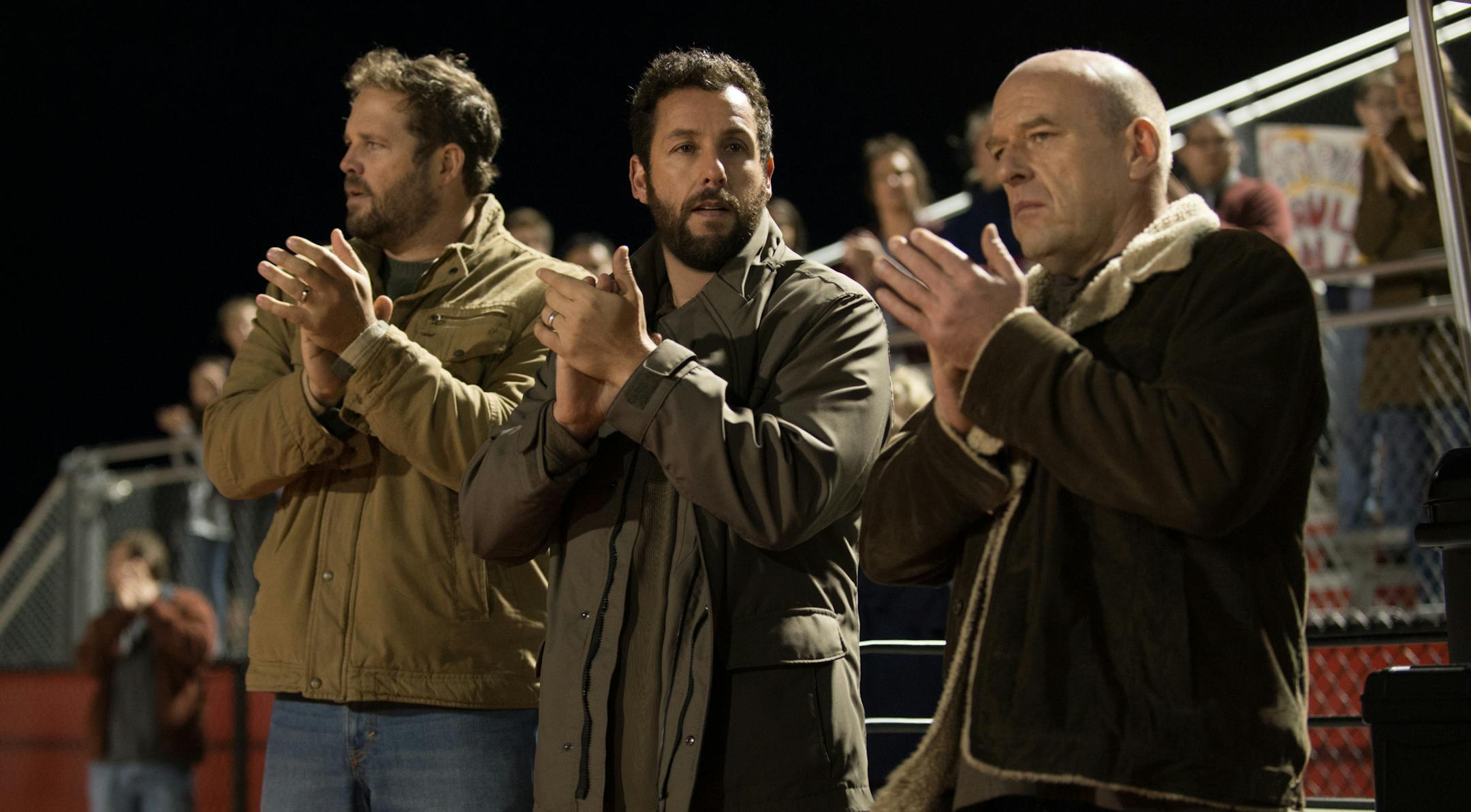 In this image released by Paramount Pictures, David Denman Adam Sandler, and Dean Norris appear in a scene from "Men, Women & Children." (AP Photo/Paramount Pictures, Dale Robinette)