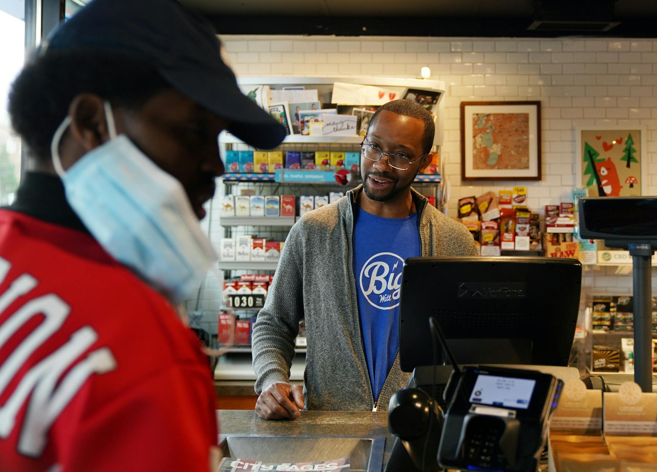 BP 36 Lyn Refuel Station owner Lonnie McQuirter talked with a regular as he manned the register Friday morning. ] ANTHONY SOUFFLE • anthony.souffle@startribune.com Lonnie McQuirter, who owns the BP 36 Lyn Refuel Station on Lyndale Avenue South, tended to the convenience store and disinfected the gas pumps and other frequently touched surfaces Friday, May 22, 2020 in south Minneapolis. Twin Cities drivers are noticing hugely divergent gas prices around the area with some stations charging about 9