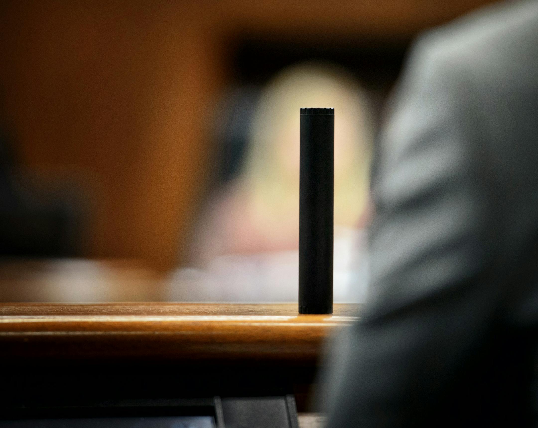 Knox Williams, representing the American Suppressor Association testified with a suppressior in the desk in front of him. Supporters for gun owners rights groups and anti-gun forces attended a hearing at the State Capitol for a bill that would allow suppressors or silencers on guns in Minnesota. ] GLEN STUBBE * gstubbe@startribune.com Thursday, March 12, 2015 ORG XMIT: MIN1503121610063089