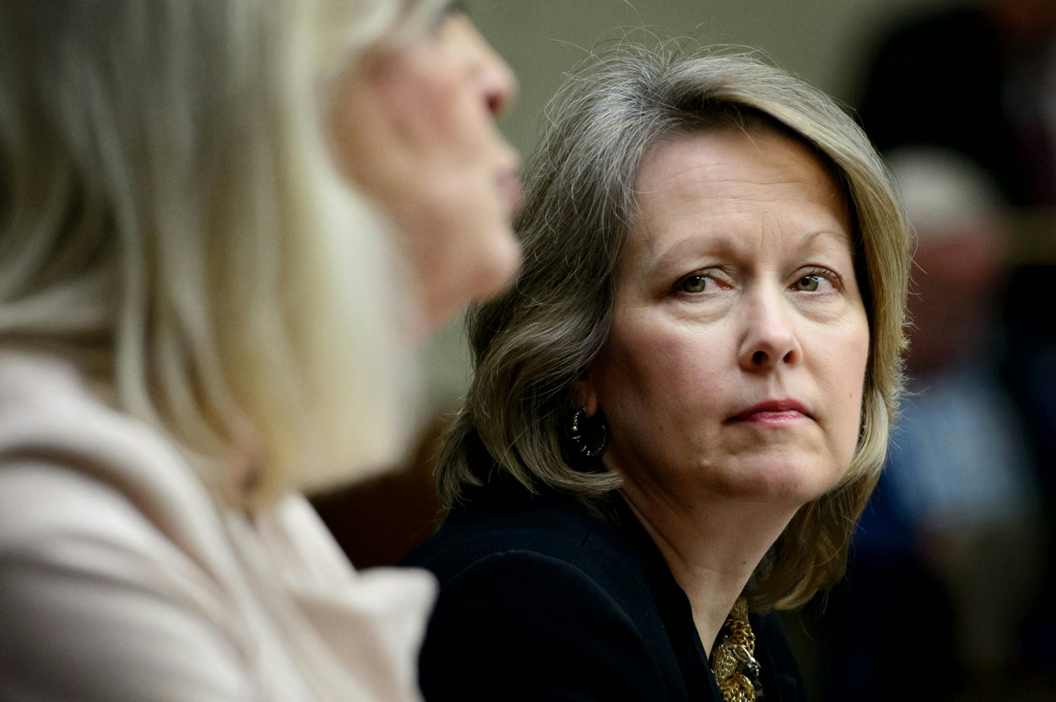 Rep. Jenifer Loon, R-Eden Prairie, listened as Former Edina teacher Deborah York testified for Loon's bill that would give teachers more control of their classrooms and violent students.