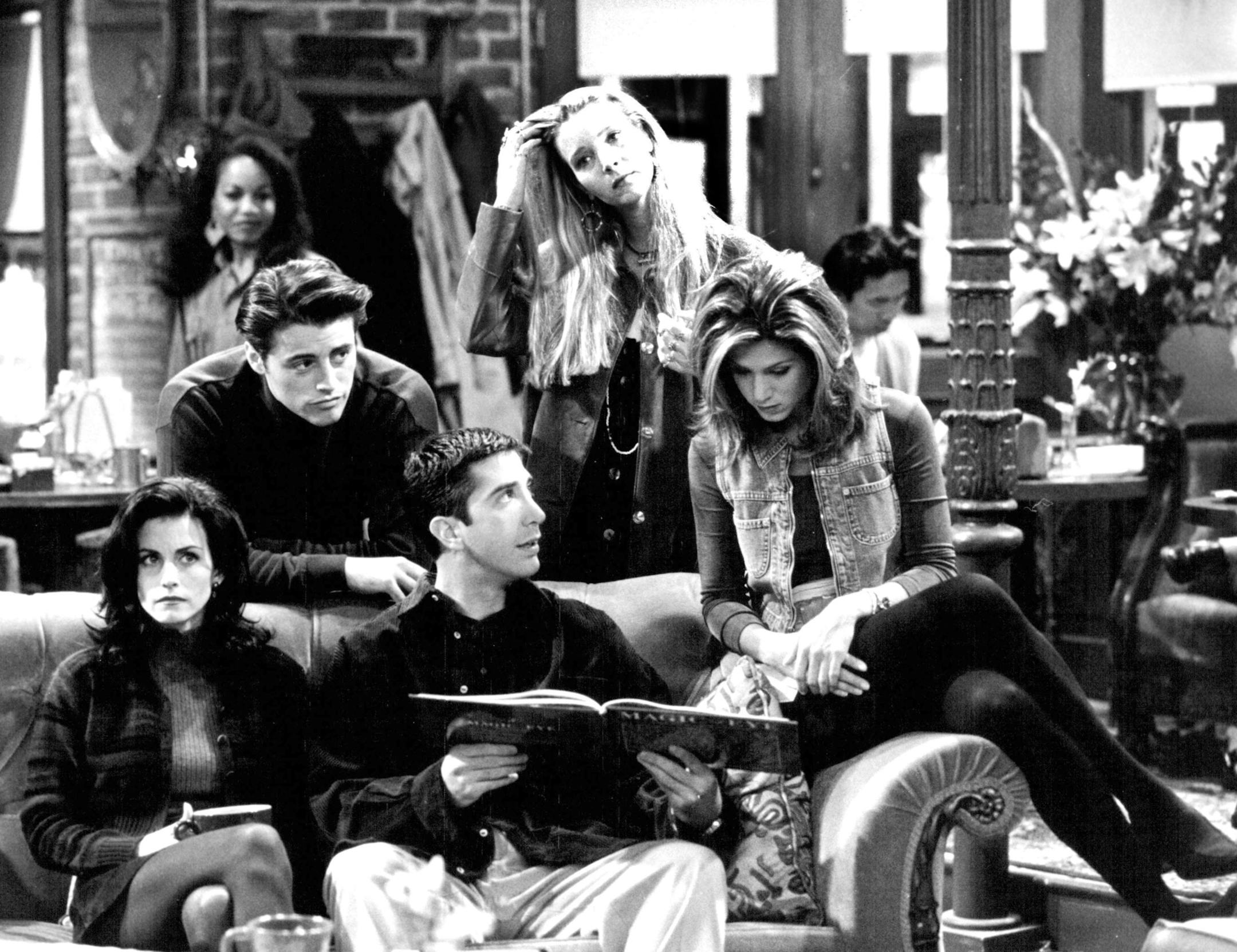 'FRIENDS' Generic Art Premiere: Thursday, Sept. 22 (8:30-9 p.m. ET) PICTURED: (clockwise from top left) Matt LeBlanc, Lisa Kudrow, Jennifer Aniston, David Schwimmer, Courteney Cox COFFEE TALK -- (l to r) While at the local coffee house, Rachel (Aniston), Monica (Cox), Ross (Schwimmer). Joey (LeBlanc) and Pheobe (Kudrow) catch up on the latest happenings. Joe Del Valle, NBC Photo