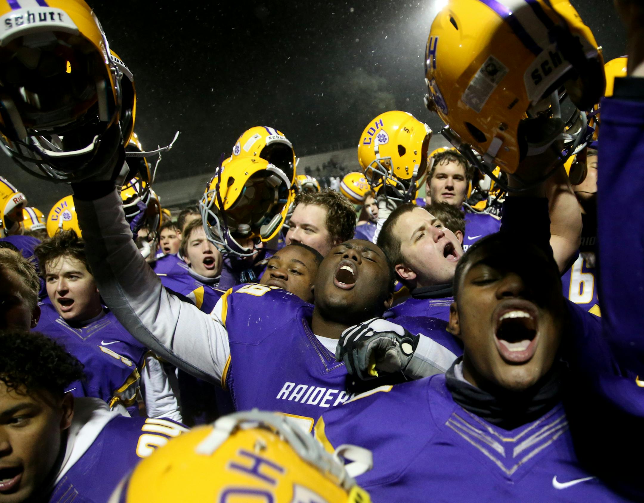 Cretin-Derham players celebrate their 28-14 win over Edina during the class 6A football quarterfinals Friday, Nov. 10, 2017, at White Bear Lake High School in White Bear Lake, MN.] DAVID JOLES ï david.joles@startribune.com Class 6A football quarterfinals, Cretin-Derham Hall vs. Edina
