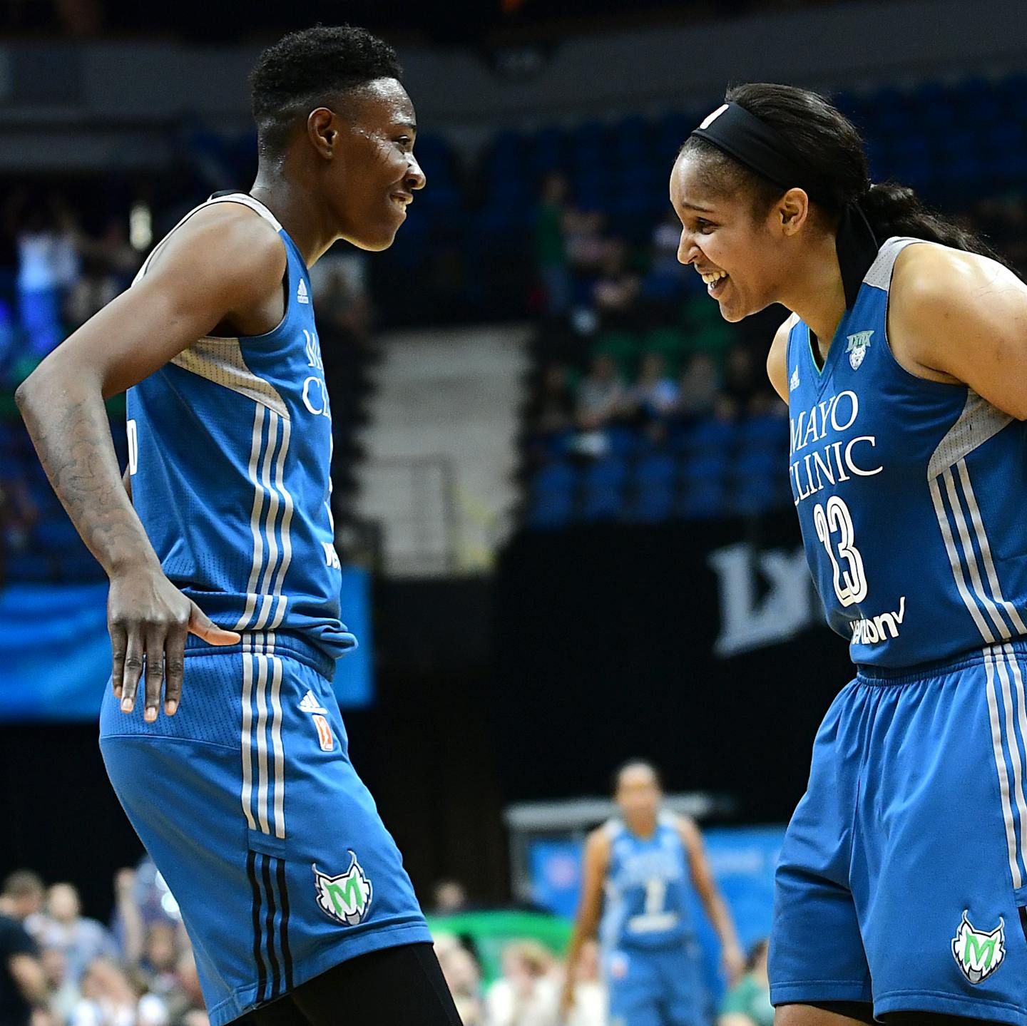 Minnesota Lynx forward Natasha Howard (3) and Minnesota Lynx forward Maya Moore (23) celebrated after Howard hit a 3-point buzzer beater to end the first half against the Indiana Fever. ] (AARON LAVINSKY/STAR TRIBUNE) aaron.lavinsky@startribune.com The Minnesota Lynx played the Indiana Fever on Friday, May 27, 2016 at Target Center in Minneapolis, Minn.