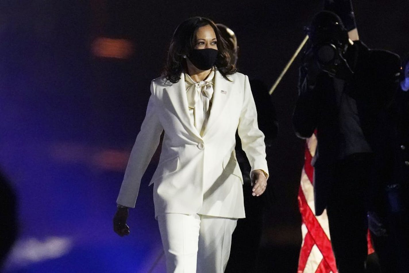 Vice President-elect Kamala Harris walked on the stage before President-elect Joe Biden speaks in Wilmington, Del., Saturday, Nov. 7, 2020.