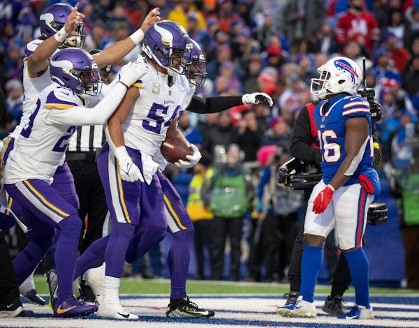 Minnesota Vikings linebacker Eric Kendricks ,(54) celebrates his fumble recovery for a touchdown in the fourth quarter in Orchard Park.,N.Y.Sunday Nov