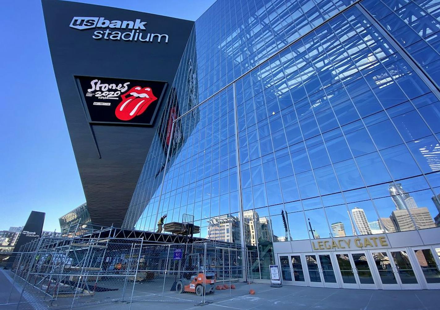 Construction workers built scaffolding on the northwest side of U.S. Bank Stadium.