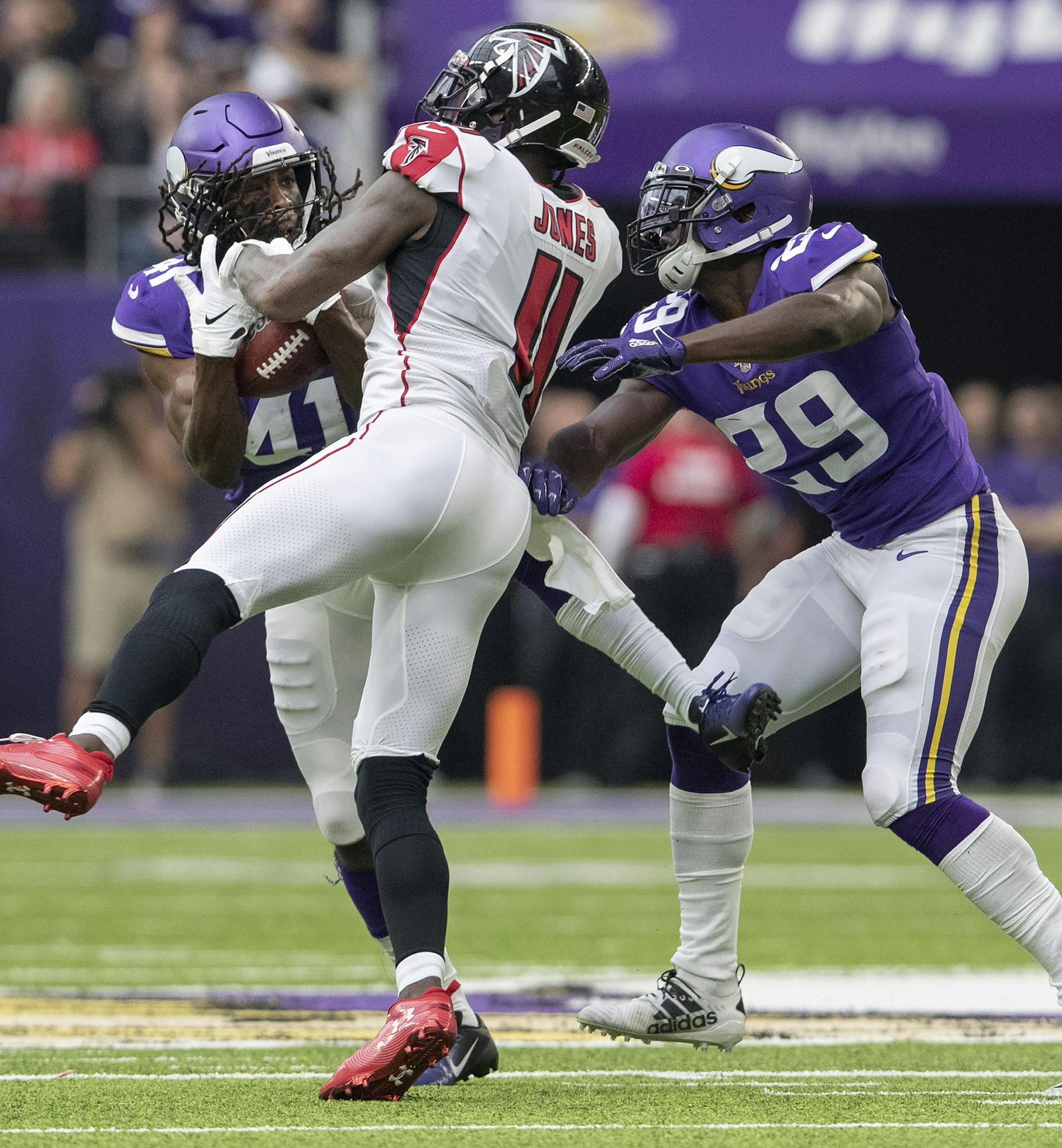 Minnesota Vikings safety Anthony Harris (45) intercepted a pass intended for Julio Jones (11) in the first quarter. ] CARLOS GONZALEZ &#x2022; cgonzalez@startribune.com &#x2013; Minneapolis, MN &#x2013; September 8, 2019, US Bank Stadium, NFL, Minnesota Vikings vs. Atlanta Falcons