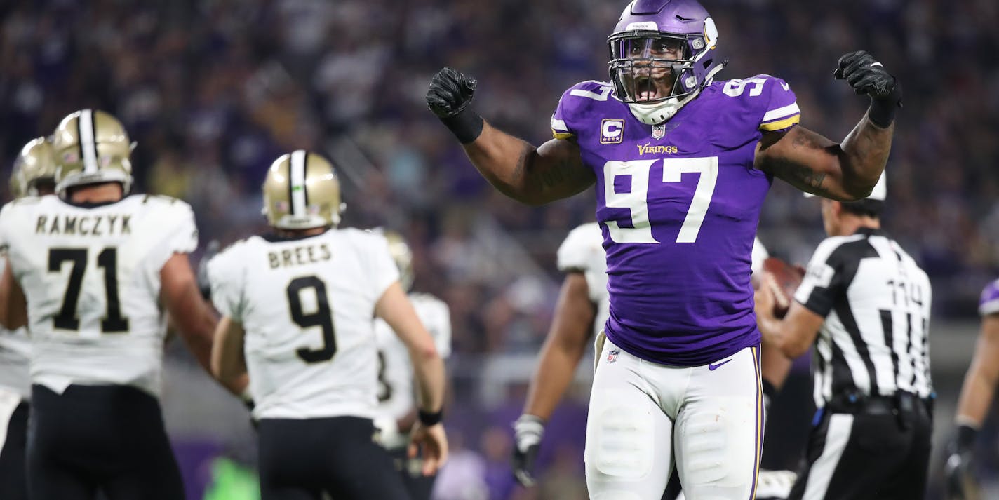 Vikings defensive end Everson Griffen celebrated his third-quarter sack over Saints quarterback Drew Brees (9) at U.S. Bank Stadium on September 11. The Saints offense and defense have matured throughout the season since that 29-19 loss to the Vikings in the regular-season opener.