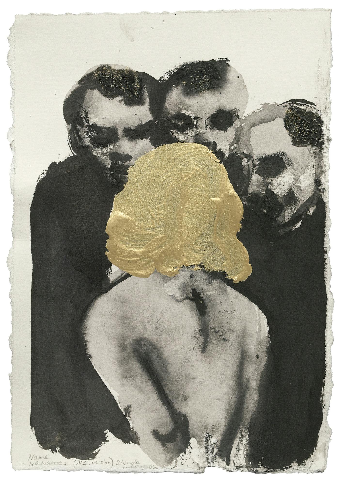 &#xa9; Marlene Dumas
A splotch of metallic gold paint suggests the blonde hair of Marilyn Monroe in Marlene Dumas' 2005 drawing "Name No Names," inspired by the Communist witch hunt of the 1950s.