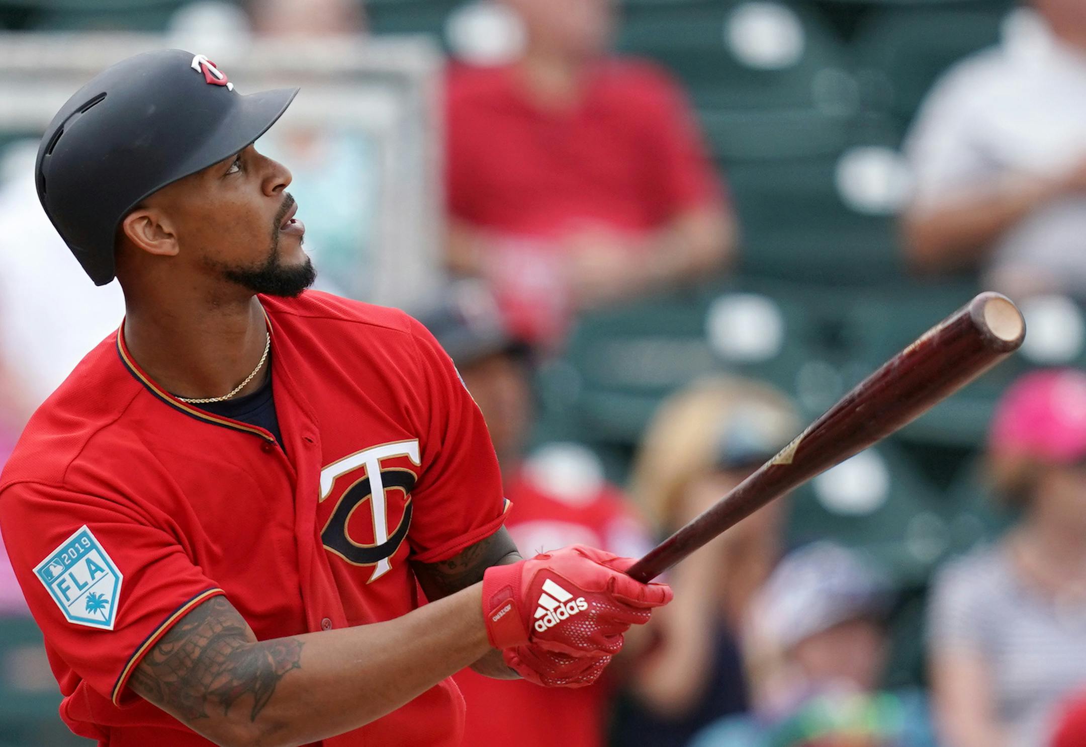 Minnesota Twins center fielder Byron Buxton (25) watched after hitting a two run home run during Monday's game against the Baltimore Orioles. ] ANTHONY SOUFFLE • anthony.souffle@startribune.com The Minnesota Twins played a Spring Training Grapefruit League game against the Baltimore Orioles Monday, Feb. 25, 2019 at the CenturyLink Sports Complex's Hammond Stadium in Fort Myers, Fla.