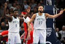 Minnesota Timberwolves guard Anthony Edwards (5) and Minnesota Timberwolves center Rudy Gobert (27) argue a foul called against Gobert in the second h