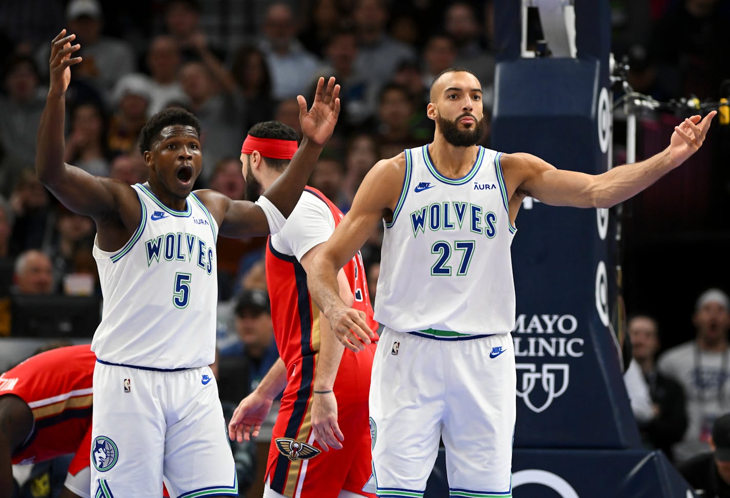 Minnesota Timberwolves guard Anthony Edwards (5) and Minnesota Timberwolves center Rudy Gobert (27) argue a foul called against Gobert in the second half Wednesday, Jan. 3, 2024 at Target Center in Minneapolis, Minn.. ] AARON LAVINSKY • aaron.lavinsky@startribune.com