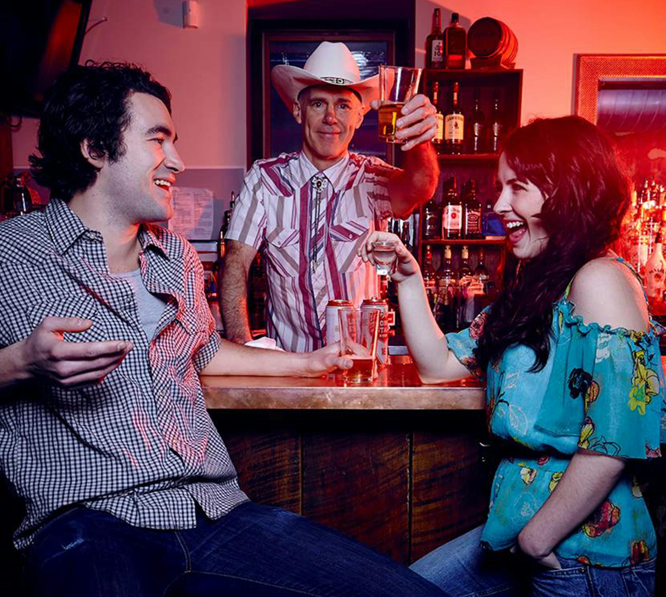 L-R: Nate Cheeseman (Drew), Terry Hempleman (Walter) and Christian Bardin (Jessica) in Jungle Theater's "Lone Star Spirits."
PHOTO CREDIT: William Clark