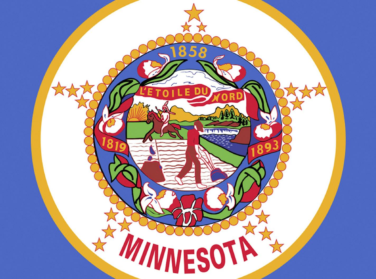 The Minnesota state flag depicts a white man as a hardworking, rugged individualist, and an Indian riding a horse and holding a spear.