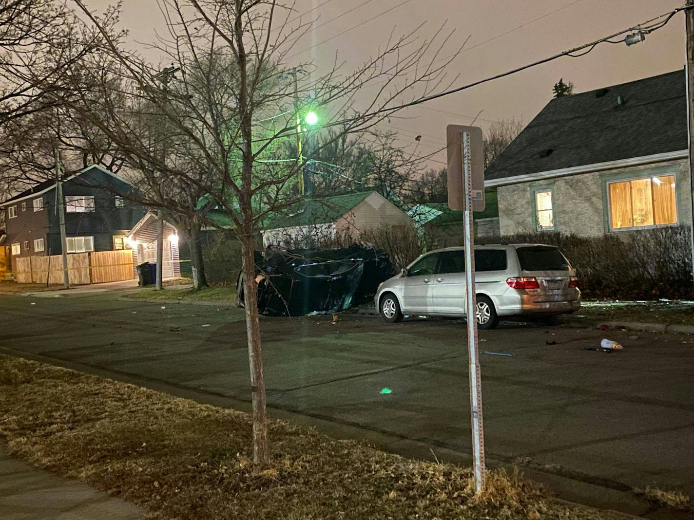 A stolen Toyota Camry crashed at Rose and Sylvan, where it struck a light pole and flipped on its side, on St. Paul's North End on Monday night.