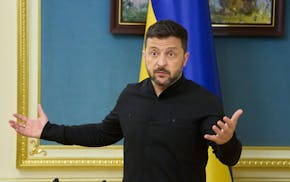 Ukrainian President Volodymyr Zelenskyy speaks during a briefing in Kyiv, Ukraine, Monday, May 19, 2025.