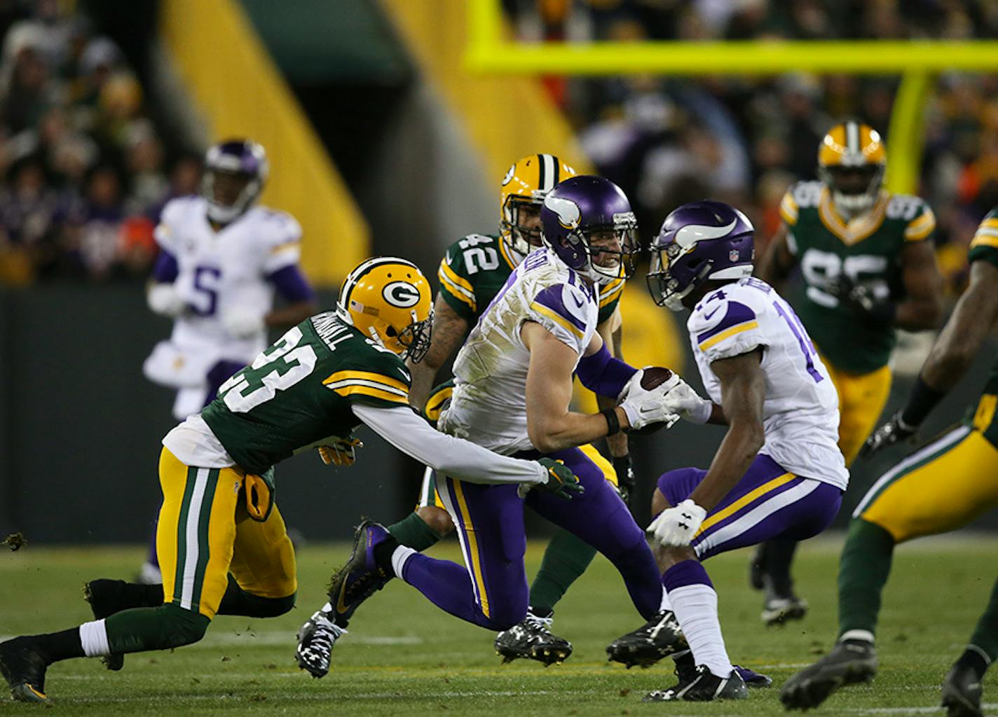 Vikings wide receiver Adam Thielen (19) helped set up a field goal with a 16 yard reception in the second quarter Sunday night.