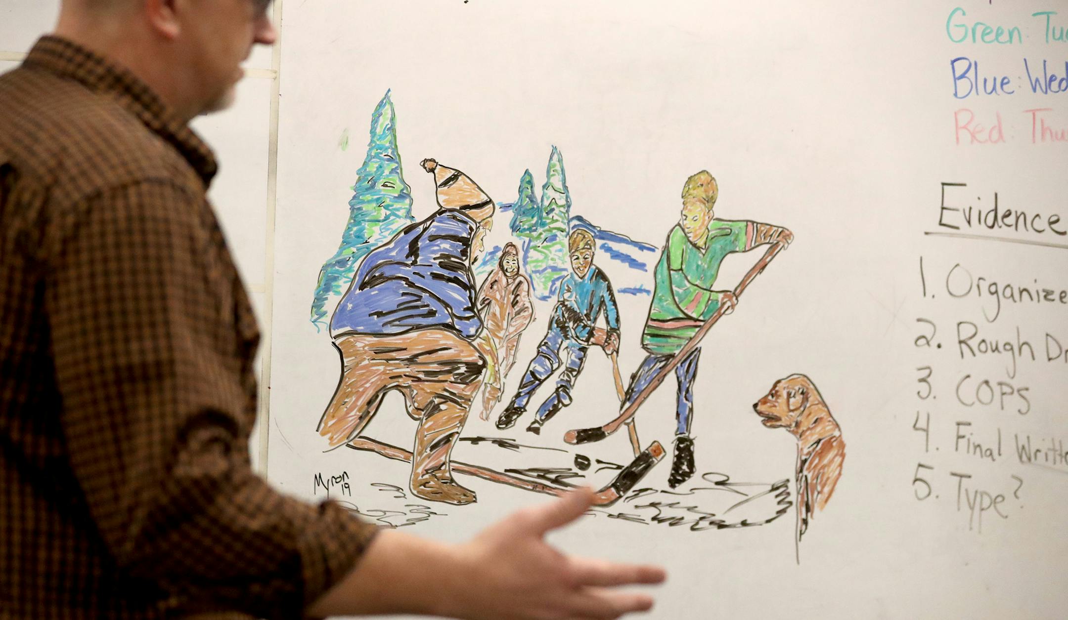 Myron Peterson, a janitor at Lakeville Christian Academy who suffered a traumatic brain injury after a car accident, and ended up with a new ability: drawing. He's been leaving his artwork on the whiteboards in the school's classroom, surprising and delighting the students and teachers and providing an outlet for himself in a life is now filled with plenty of challenges. Here, Peterson visited one of the classrooms where he's left behind whiteboard artwork, including this one of kids playing hoc