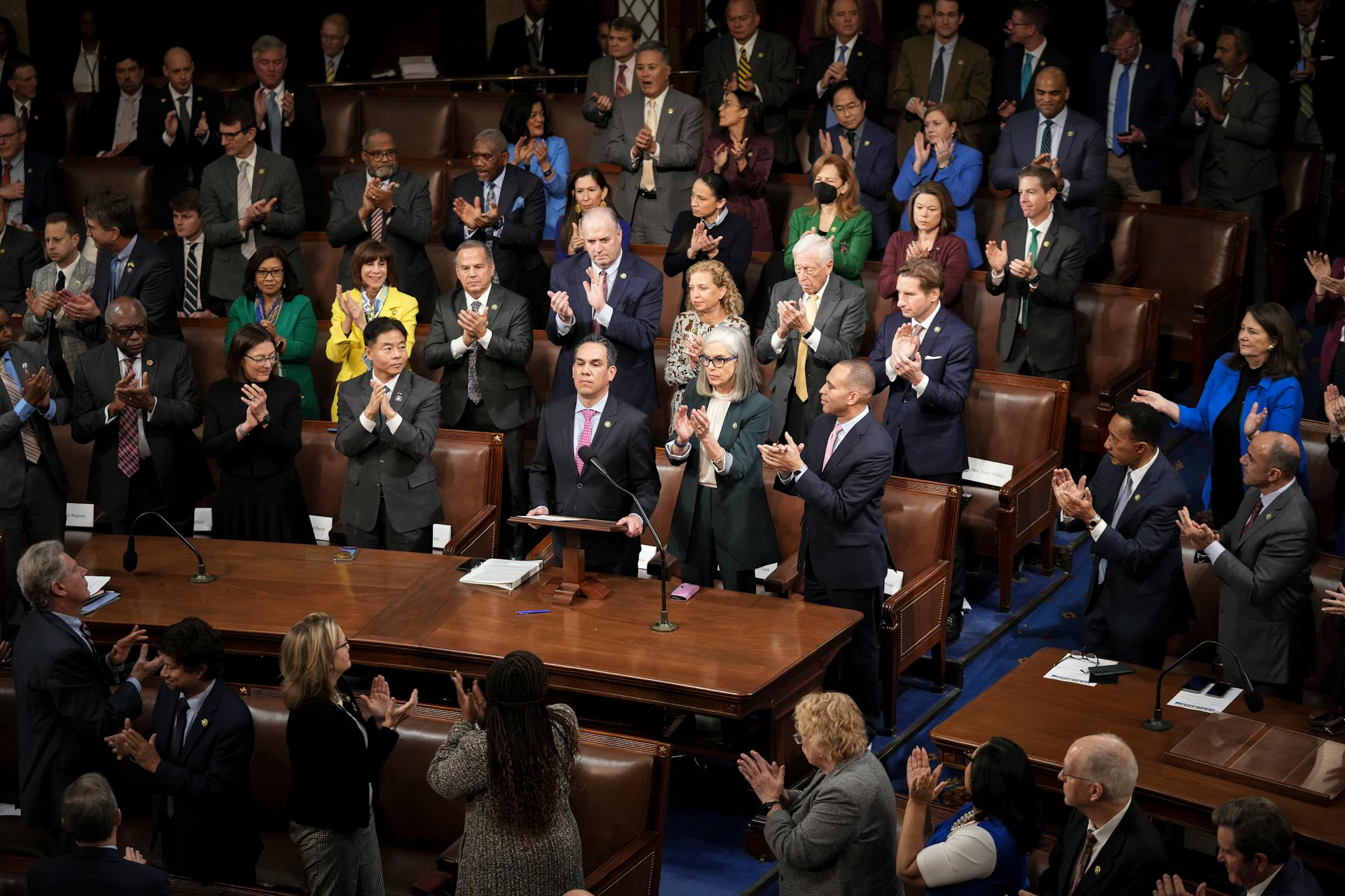Rep. Pete Aguilar (D-Calif.) receives applause as he nominates Hakeem Jeffries of New York, as voting for the next House Speaker begins for a third day, at the Capitol in Washington on Thursday, Jan. 5, 2023. Rep. Kevin McCarthy (R-Calif.) on Thursday offered fresh concessions to hard-right Republicans refusing to back him for House speaker, as a historic deadlock that has paralyzed Congress entered its third day with no resolution. (Haiyun Jiang/The New York Times)