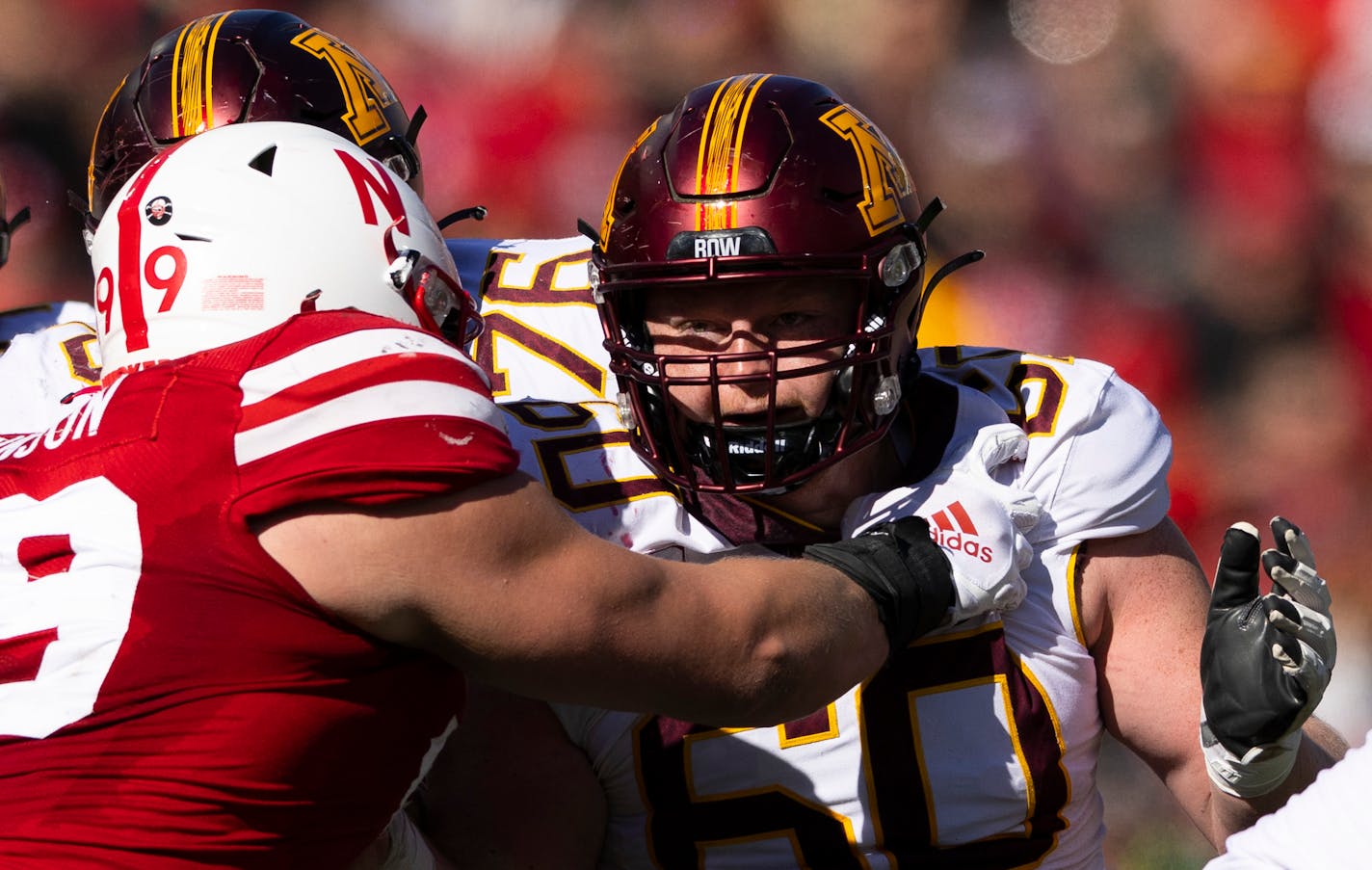 Minnesota offensive lineman John Michael Schmitz (60) plays against Nebraska during the second half of an NCAA college football game Saturday, Nov. 5, 2022, in Lincoln, Neb. Minnesota defeated Nebraska 20-13. (AP Photo/Rebecca S. Gratz)