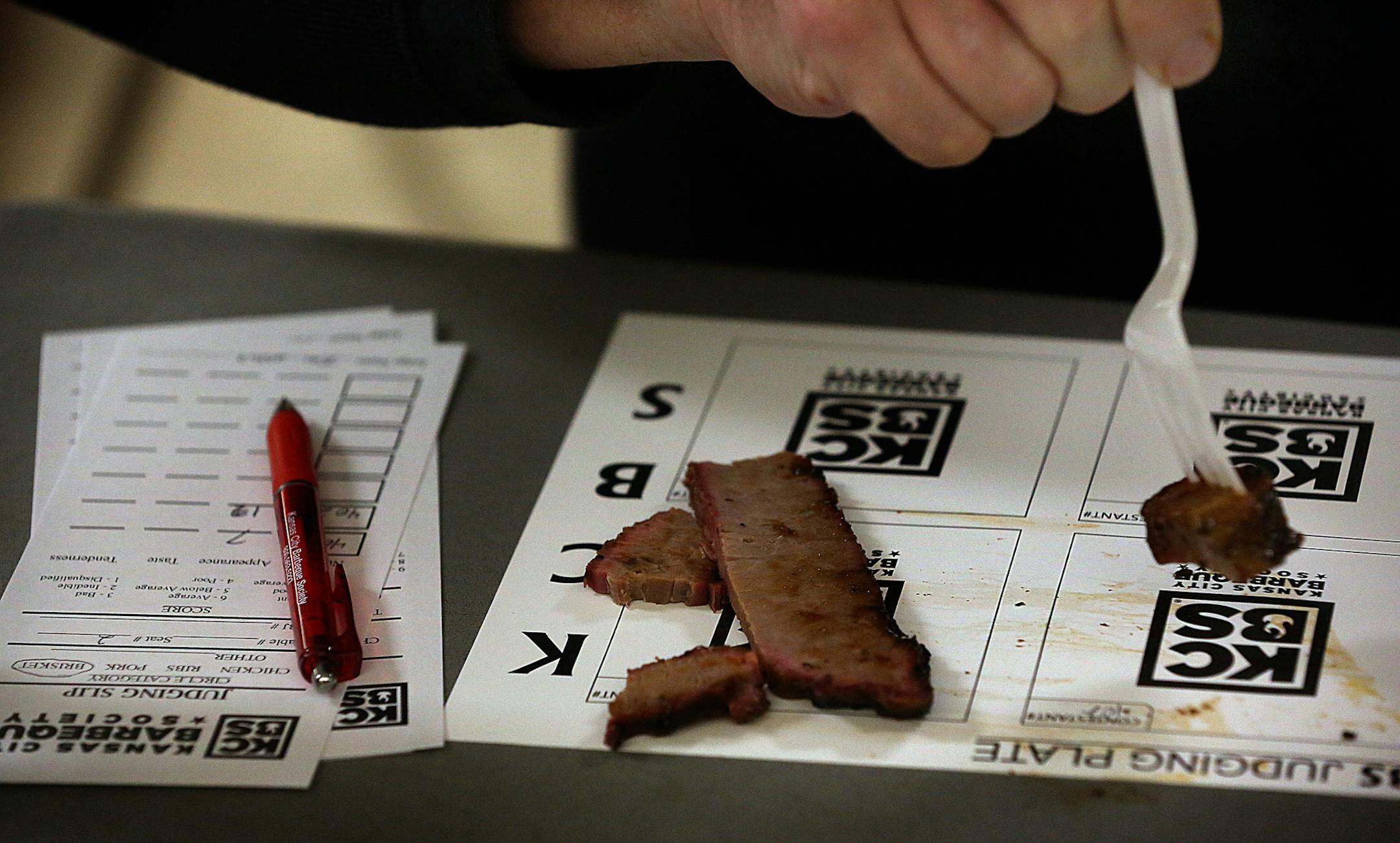 Judges use an official Kansas City Barbeque Society Judging Plate during the judging process, in this case while judging brisket. ] JIM GEHRZ ï james.gehrz@startribune.com / Owatonna, MN / March 28, 2015 /12:00 PM - BACKGROUND INFORMATION: Becoming a certified BBQ judge is tough work, but somebody has to do it. We attend a certification class in Owatonna, one of only two in the state this year. We'll look at who does it, how stringent are the qualifications, and learn the nuance of great BB